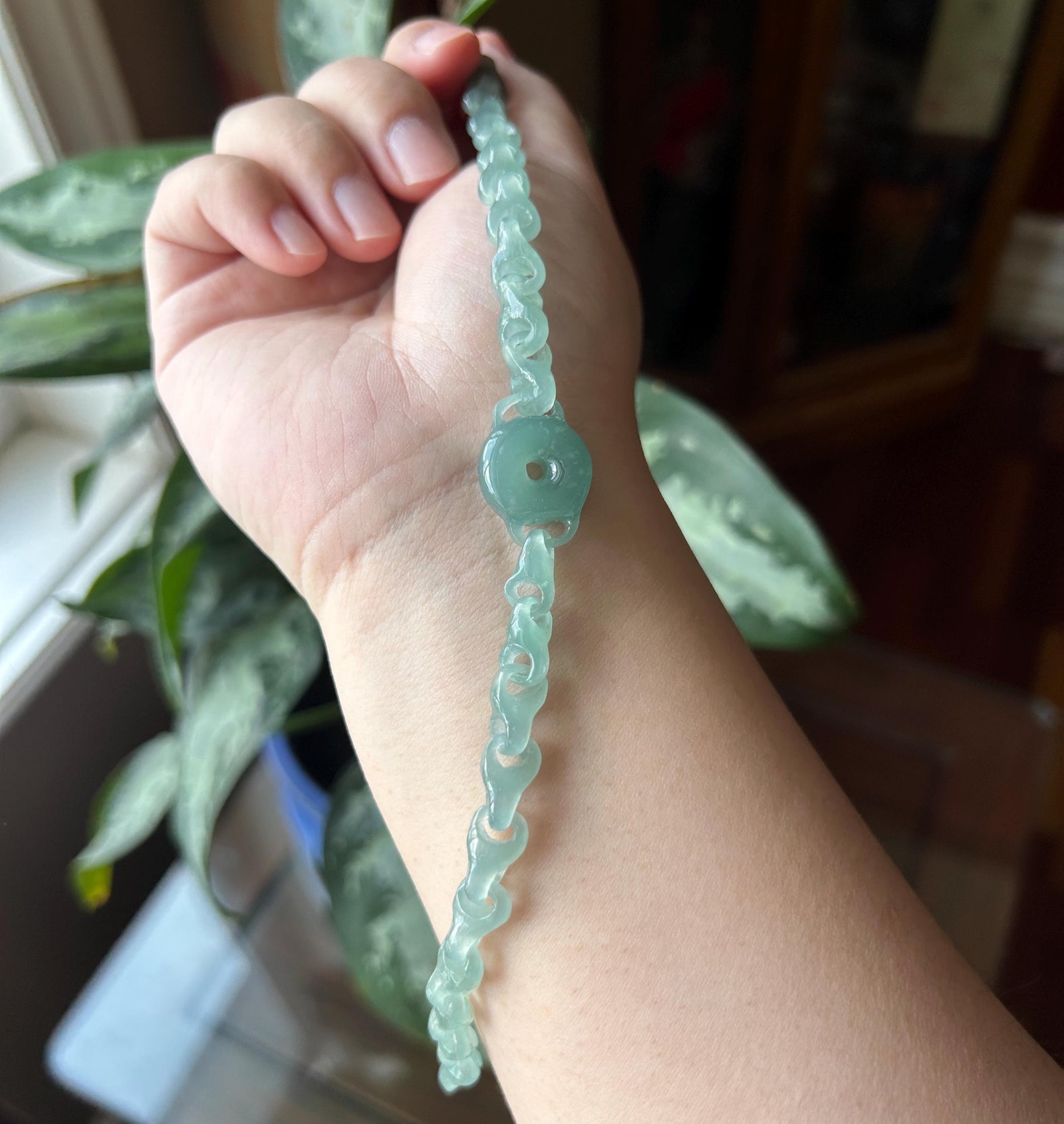 Natural One-Piece Carved Jadeite Bracelet | Single Stone Interlocking Chain | Guatemalan Type A Highly Translucent Icy Blue Jade |