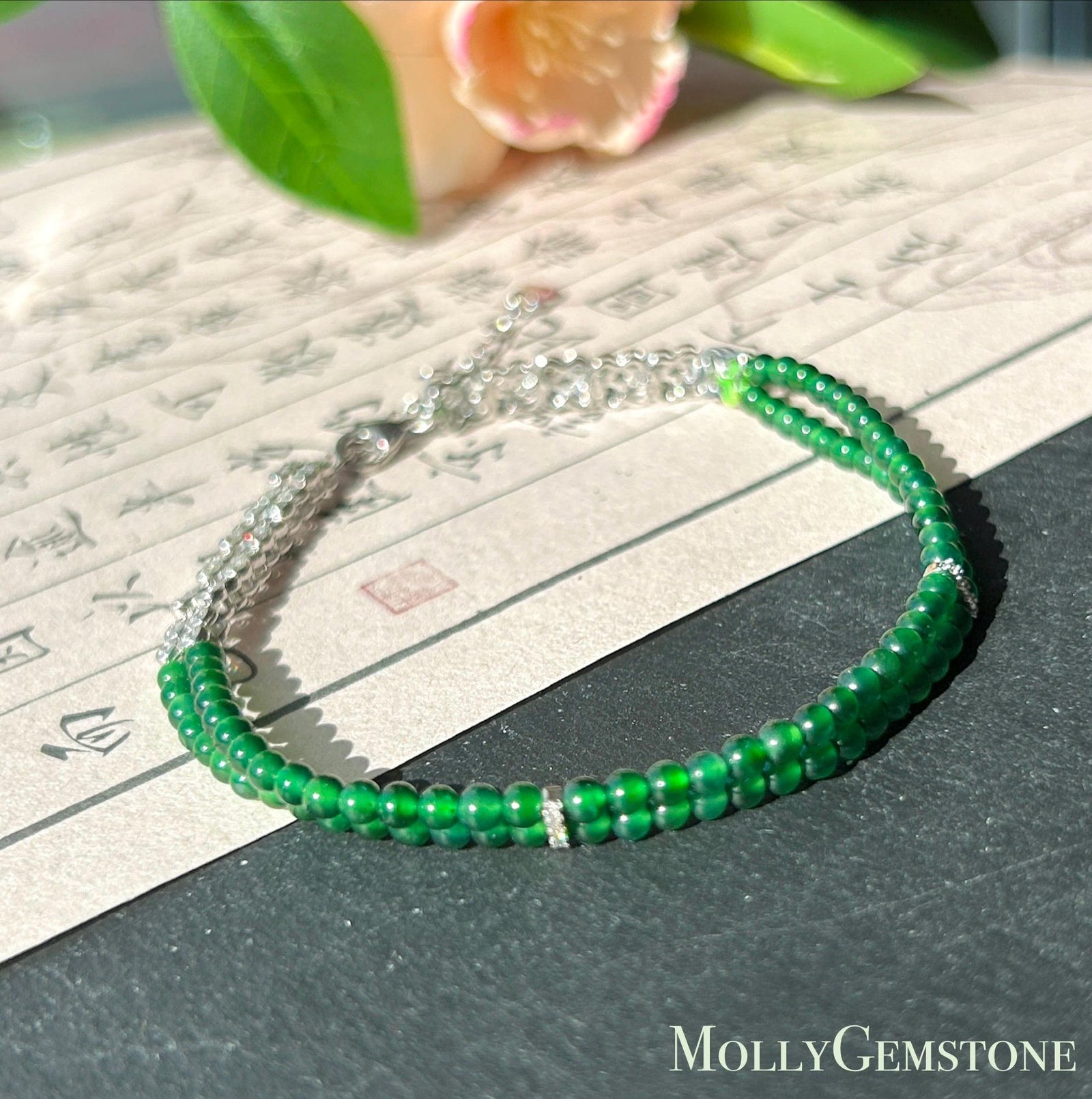 Natural Jadeite Beaded Bracelet, Guatemalan Type A Highly Translucent Icy Spicy Emerald Green Jade | 925 Sterling Silver