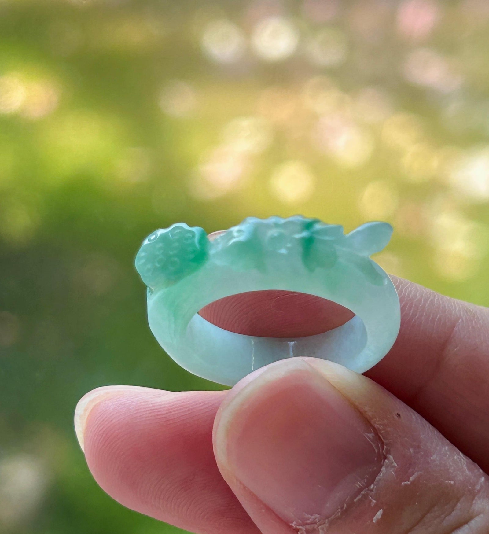 Certified Natural Jadeite Carved Lotus Ring, Type A Burmese Icy Translucent White Based Green Floral Jade Band| Moss in Snow| US Size 6