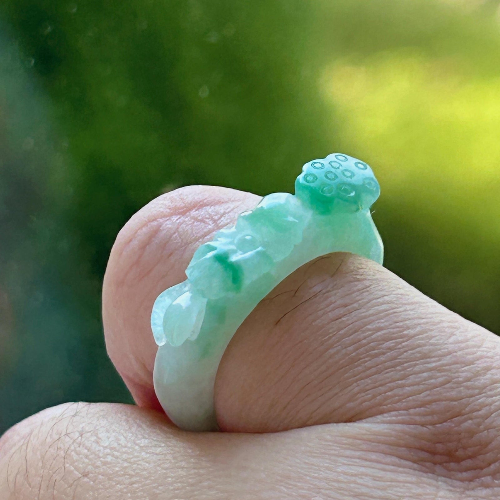 Certified Natural Jadeite Carved Lotus Ring, Type A Burmese Icy Translucent White Based Green Floral Jade Band| Moss in Snow| US Size 6