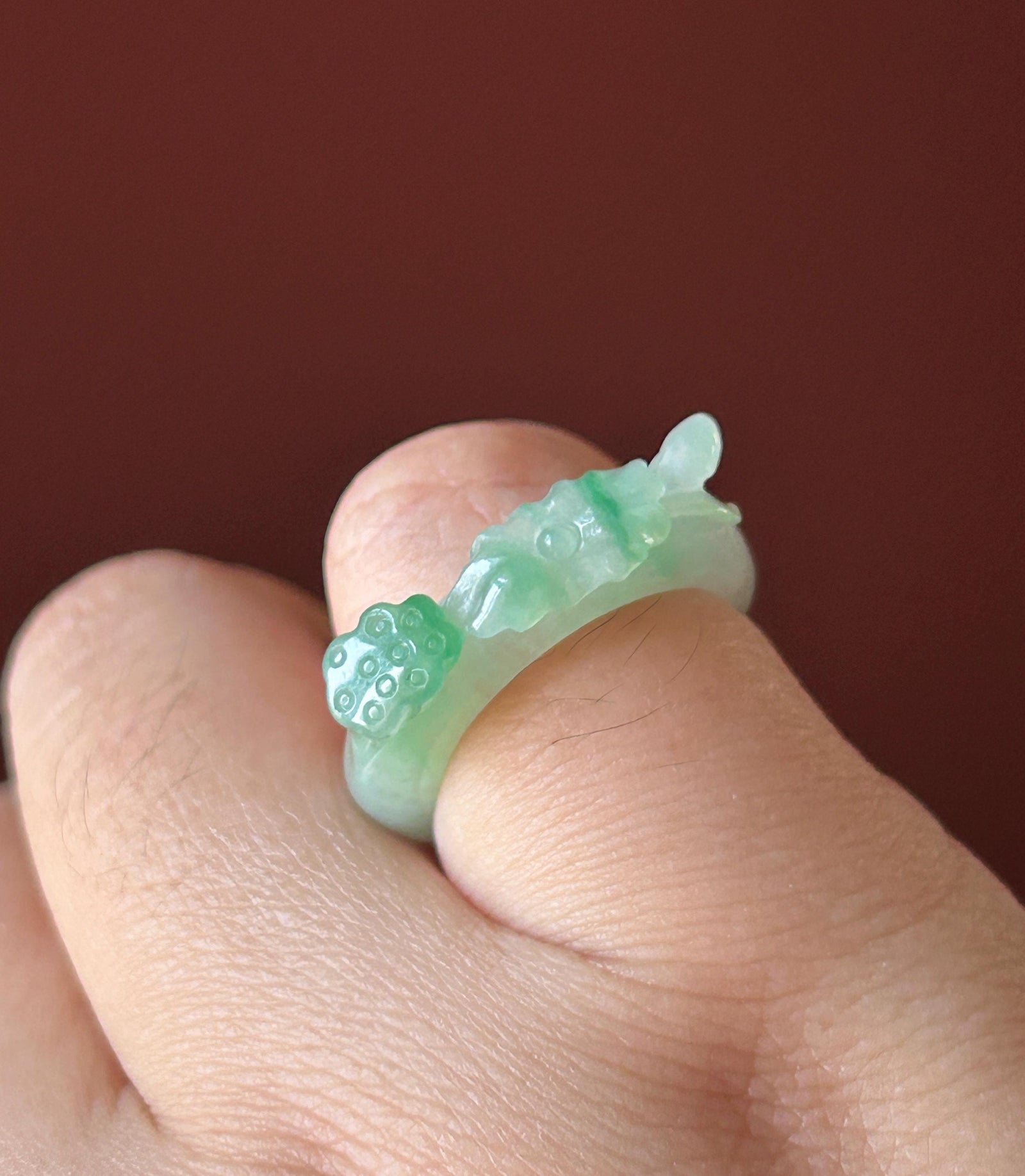 Certified Natural Jadeite Carved Lotus Ring, Type A Burmese Icy Translucent White Based Green Floral Jade Band| Moss in Snow| US Size 6