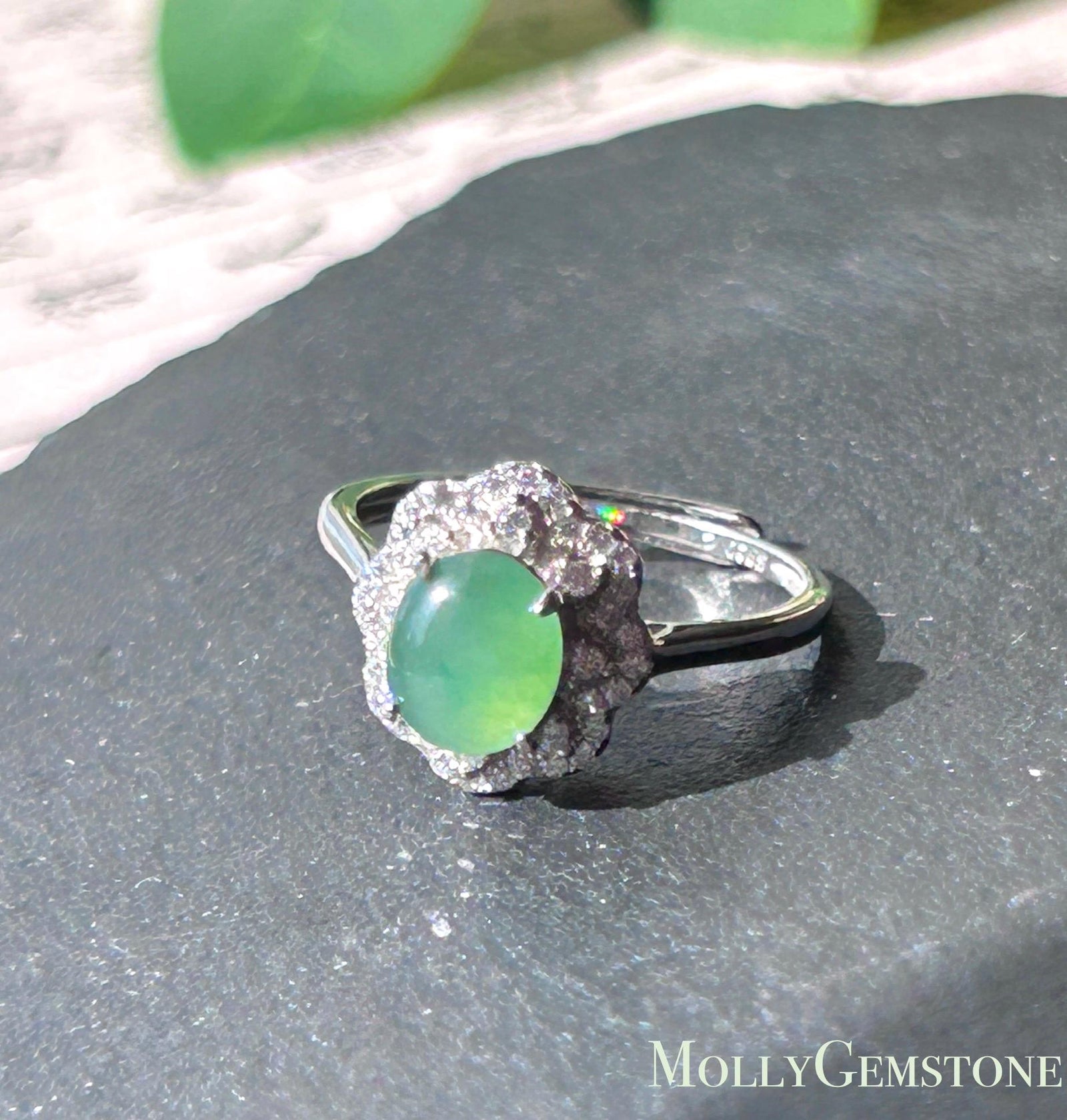 Certified Natural Jadeite Oval Cabochon Ring Burmese Type A fine glutinous Vivid Apple Green Jade | Sterling Silver| Adjustable Size