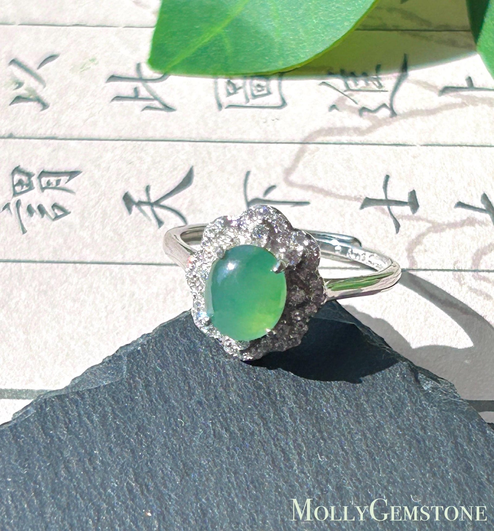 Certified Natural Jadeite Oval Cabochon Ring Burmese Type A fine glutinous Vivid Apple Green Jade | Sterling Silver| Adjustable Size
