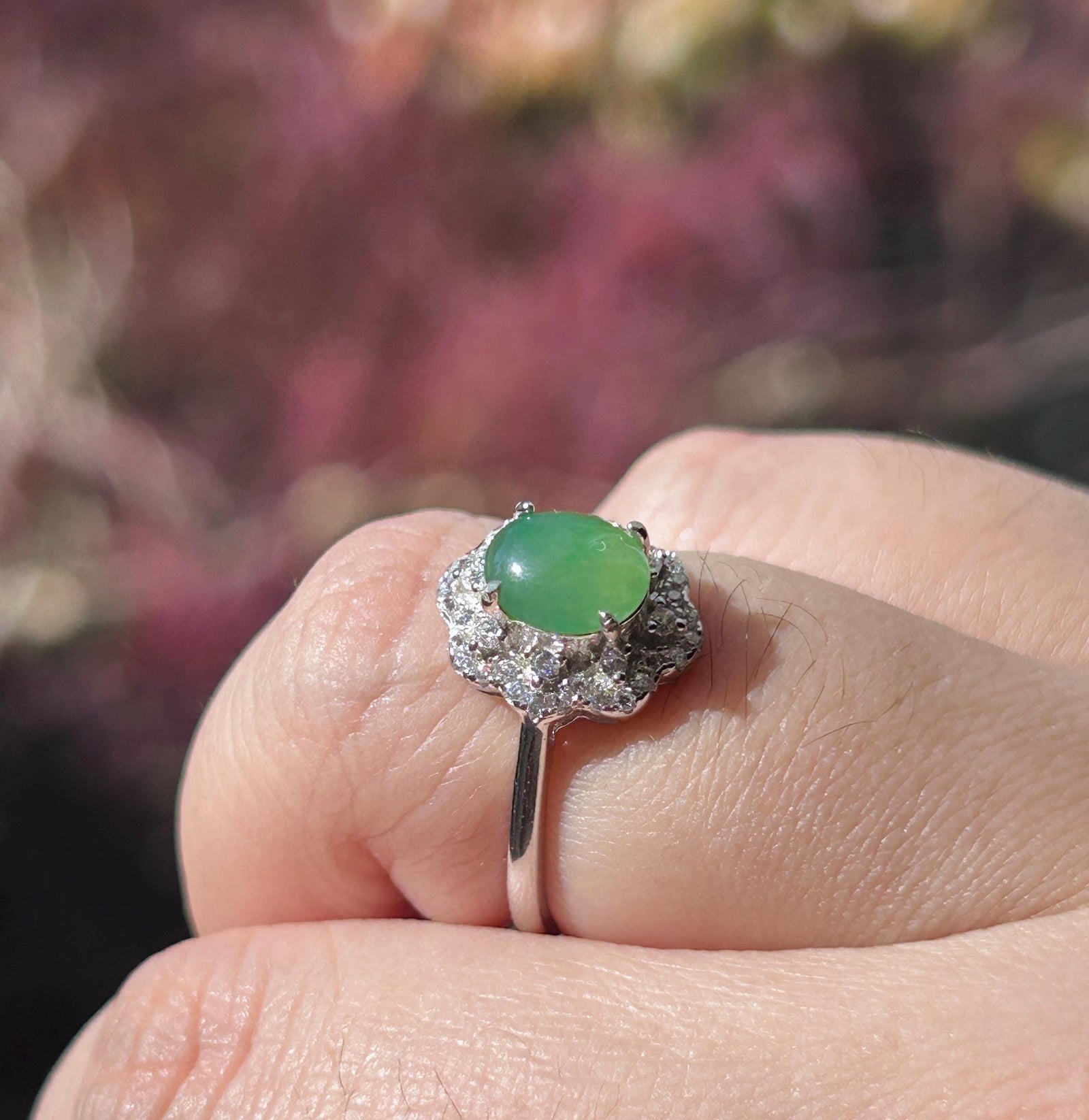 Certified Natural Jadeite Oval Cabochon Ring Burmese Type A fine glutinous Vivid Apple Green Jade | Sterling Silver| Adjustable Size