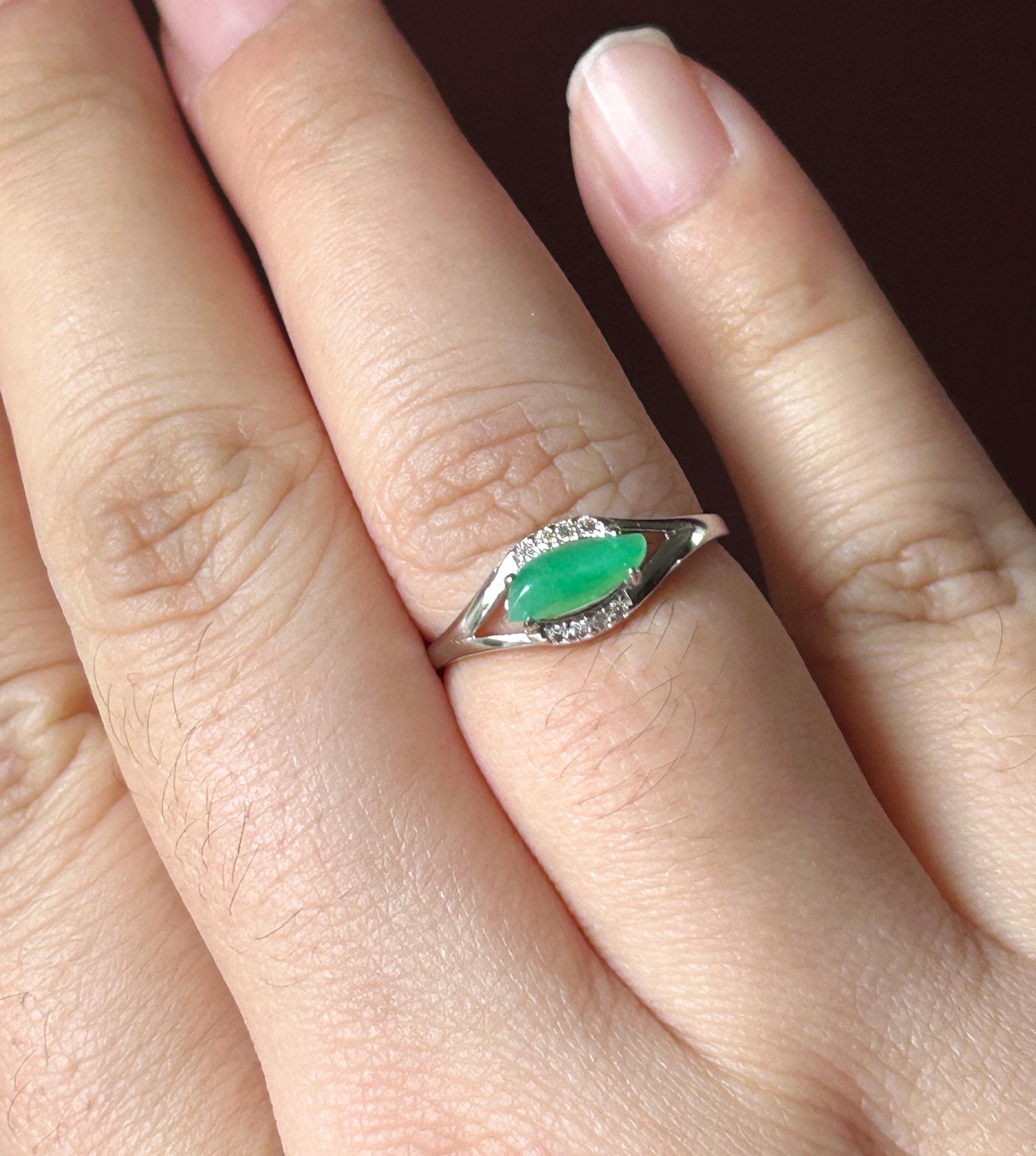 Natural Jadeite Marquise Cabochon Ring Burmese Type A fine glutinous Vivid Apple Green Jade | Sterling Silver