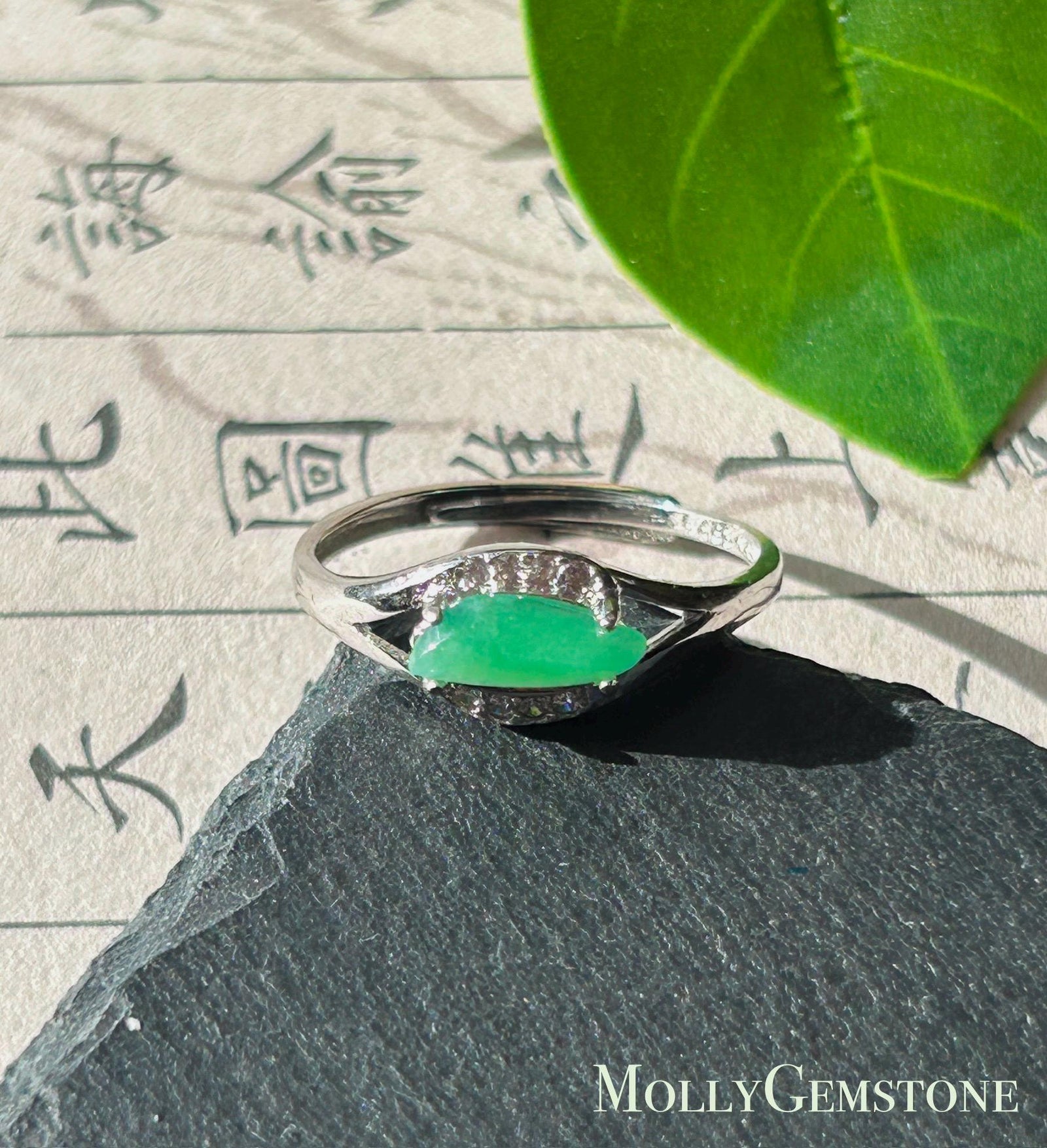 Natural Jadeite Marquise Cabochon Ring Burmese Type A fine glutinous Vivid Apple Green Jade | Sterling Silver