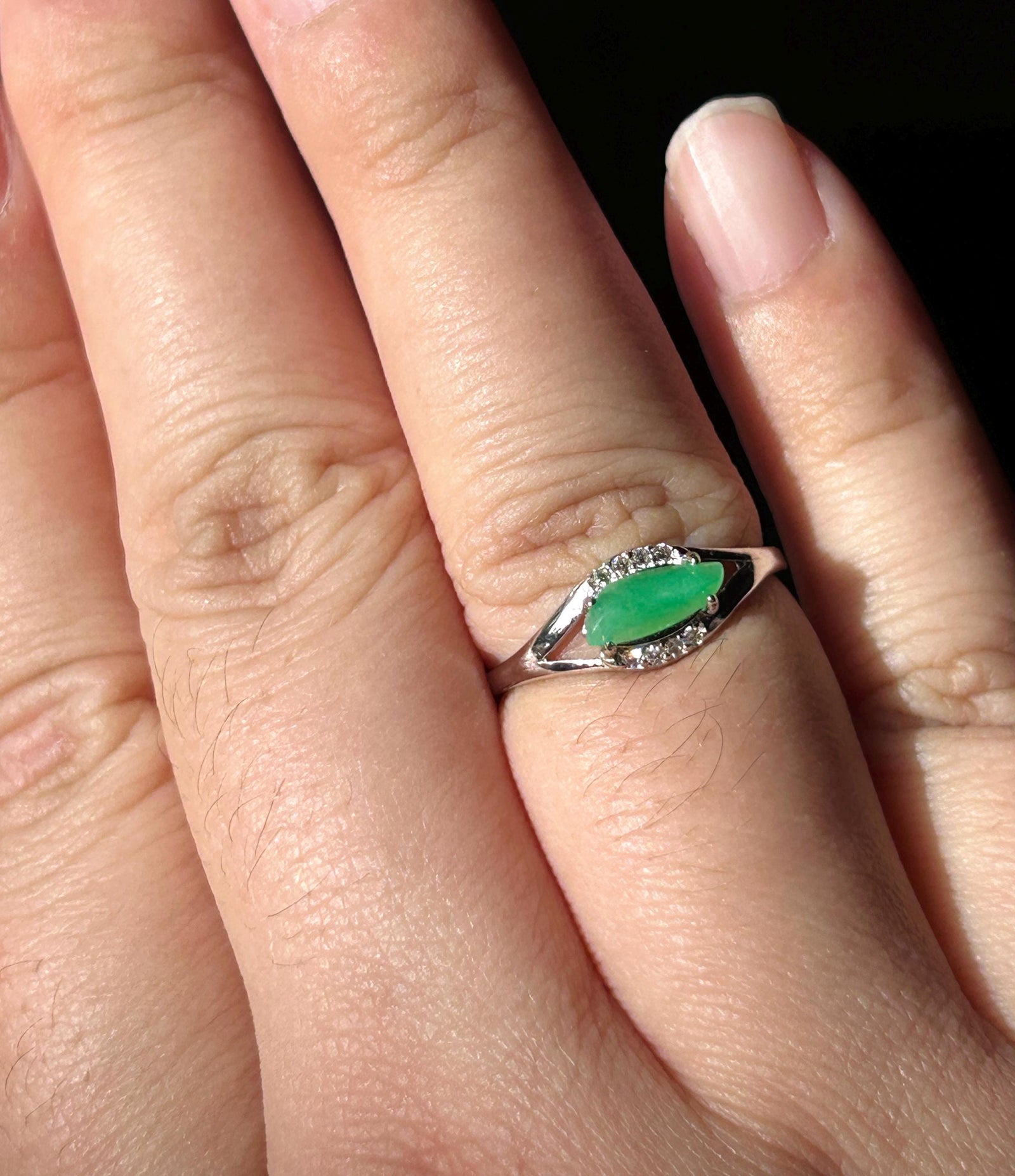 Natural Jadeite Marquise Cabochon Ring Burmese Type A fine glutinous Vivid Apple Green Jade | Sterling Silver