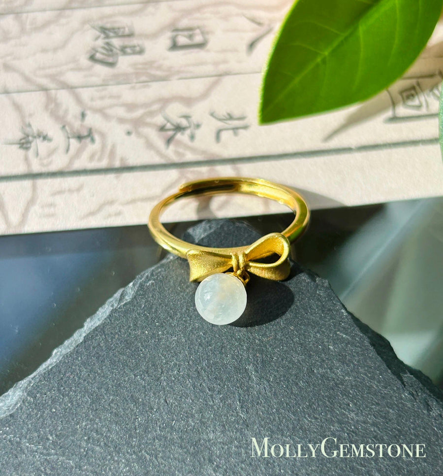 Natural Jadeite Ring Mother’s Day Gift Burmese Type A Highly Translucent Icy White Jade 6mm | Bow Style 18k Gold Filled Sterling Silver