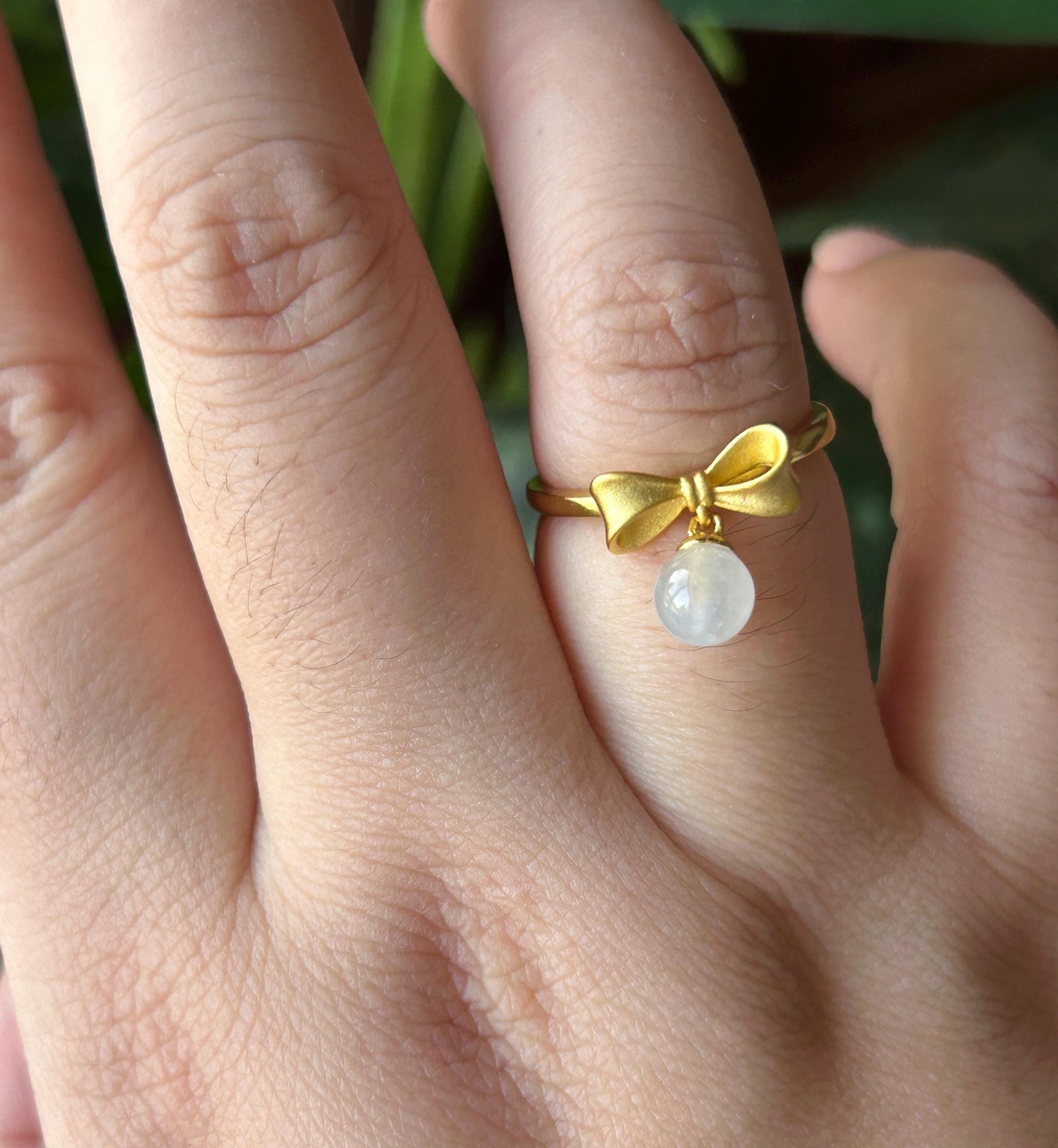 Natural Jadeite Ring Mother’s Day Gift Burmese Type A Highly Translucent Icy White Jade 6mm | Bow Style 18k Gold Filled Sterling Silver