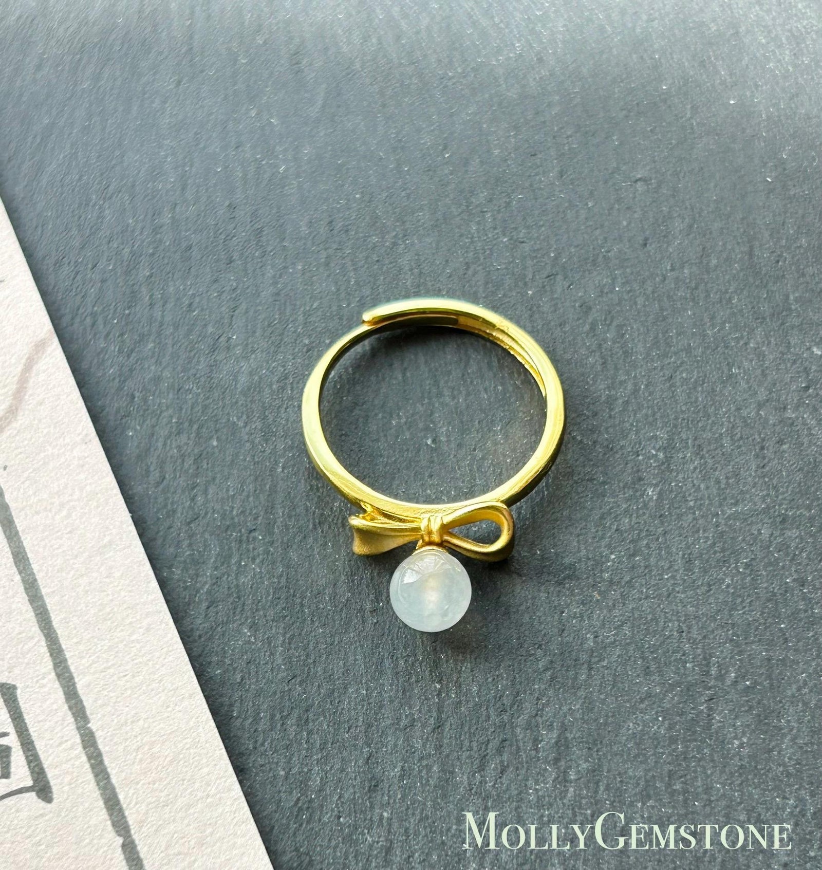 Natural Jadeite Ring Mother’s Day Gift Burmese Type A Highly Translucent Icy White Jade 6mm | Bow Style 18k Gold Filled Sterling Silver