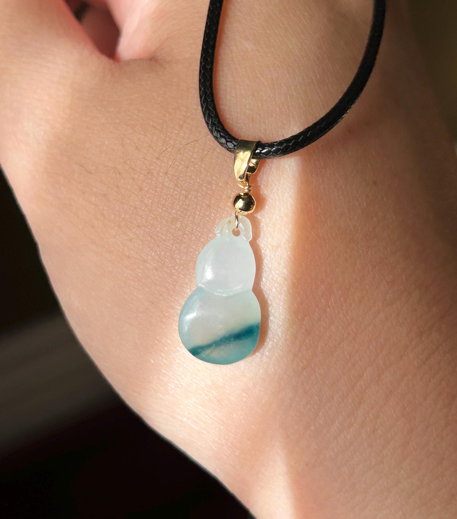 Natural Jadeite Gourd(Hulu) Pendant Burmese Type A Highly Translucent Icy White Base Blue Floral Jade Mother’s Day Gift