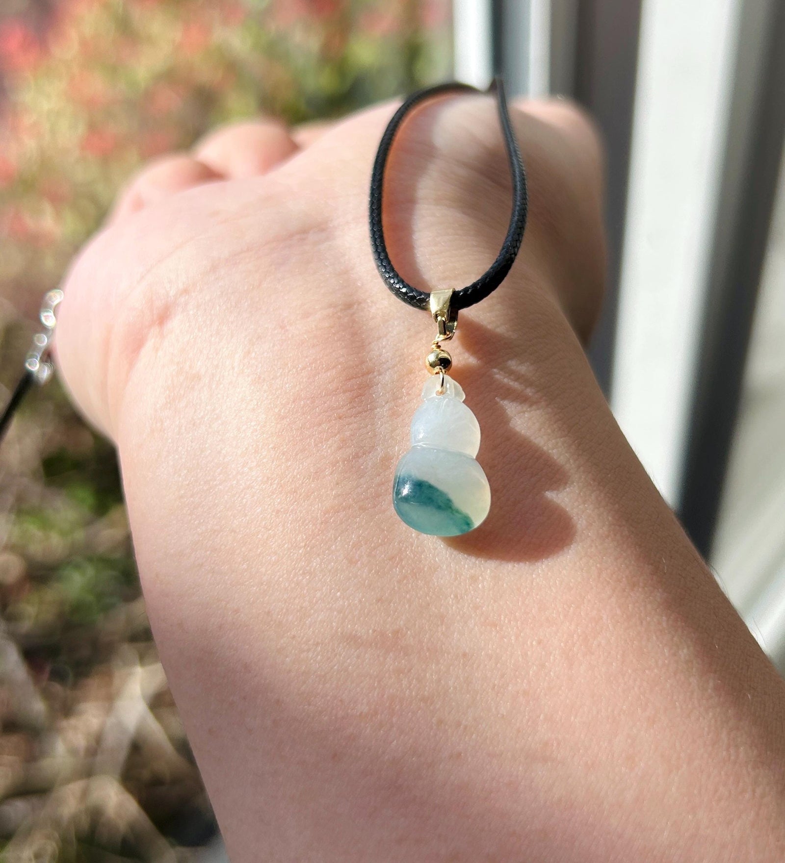 Natural Jadeite Gourd(Hulu) Pendant Burmese Type A Highly Translucent Icy White Base Blue Floral Jade Mother’s Day Gift
