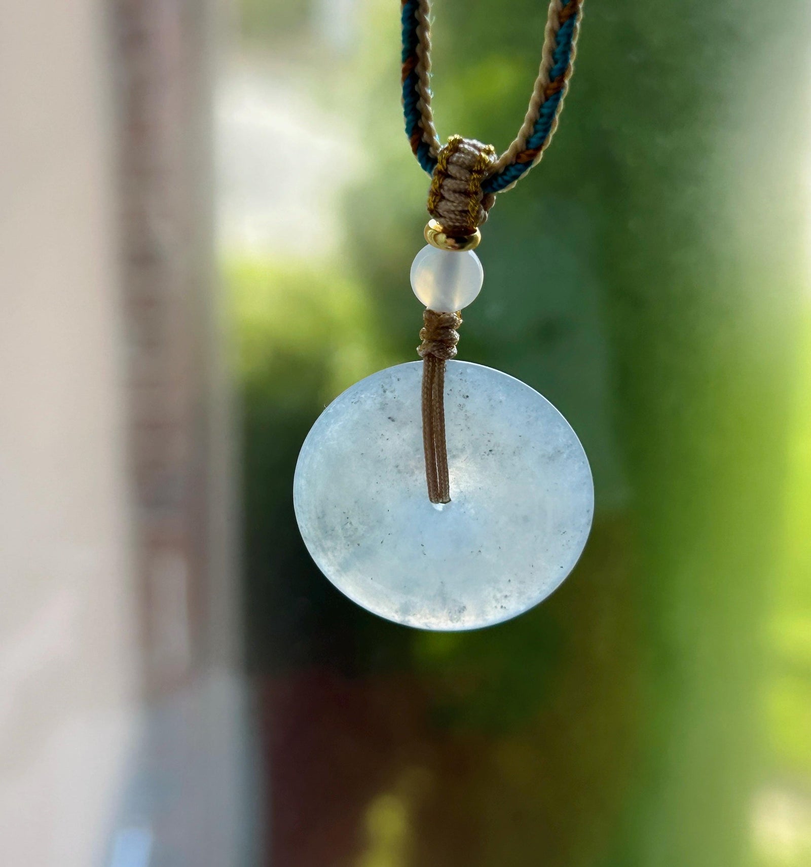Certified Natural Jadeite Lucky Donut Pendant Handwoven Necklace Burmese Type A Icy Light Gray Jade PingAnKou 27 x 5.5mm