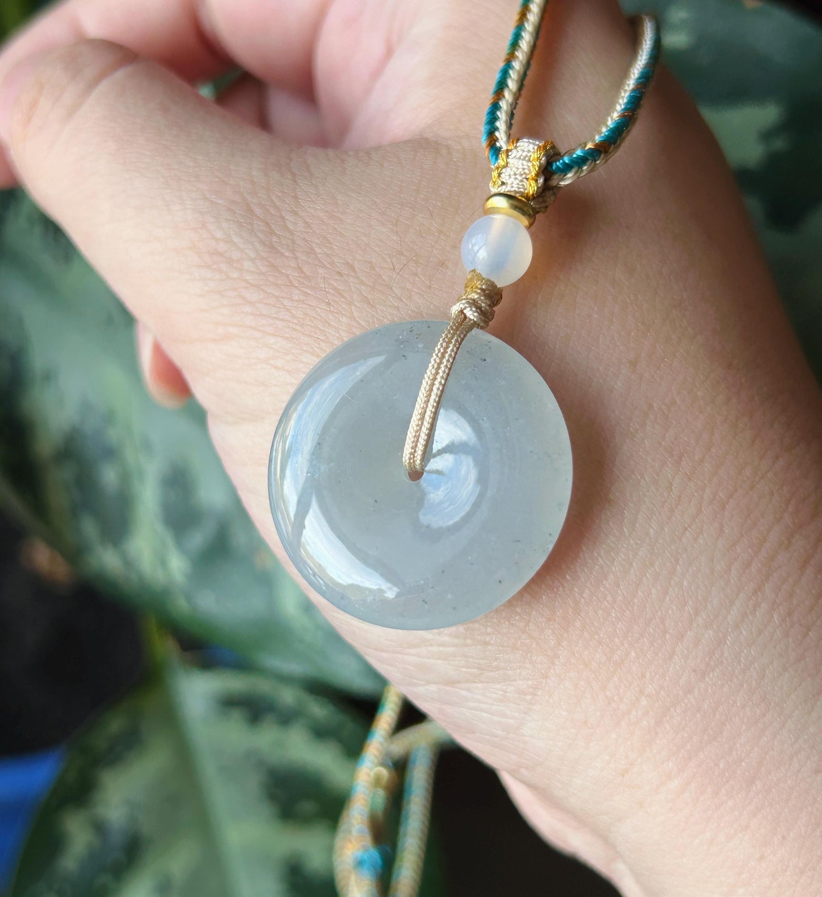 Certified Natural Jadeite Lucky Donut Pendant Handwoven Necklace Burmese Type A Icy Light Gray Jade PingAnKou 27 x 5.5mm