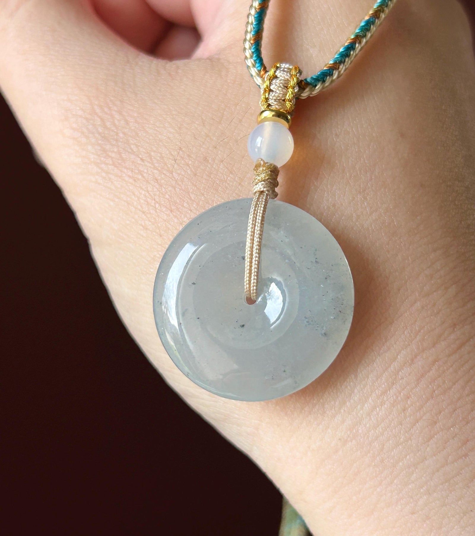 Certified Natural Jadeite Lucky Donut Pendant Handwoven Necklace Burmese Type A Icy Light Gray Jade PingAnKou 27 x 5.5mm
