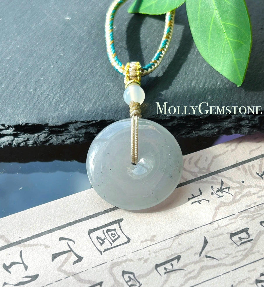 Certified Natural Jadeite Lucky Donut Pendant Handwoven Necklace Burmese Type A Icy Light Gray Jade PingAnKou 27 x 5.5mm