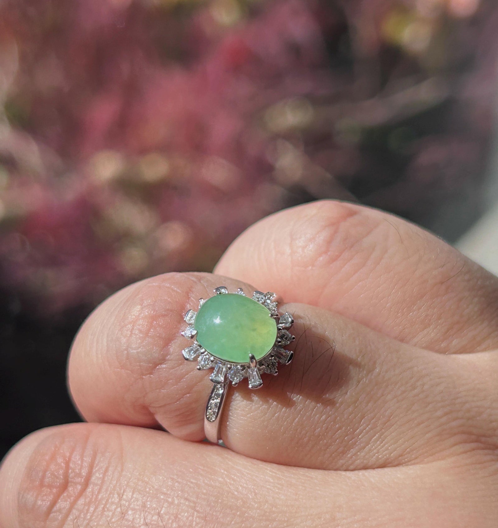 Certified Natural Jadeite Oval Cabochon Ring Burmese Type A fine glutinous Sweet Apple Green Jade | Sterling Silver| Adjustable Size