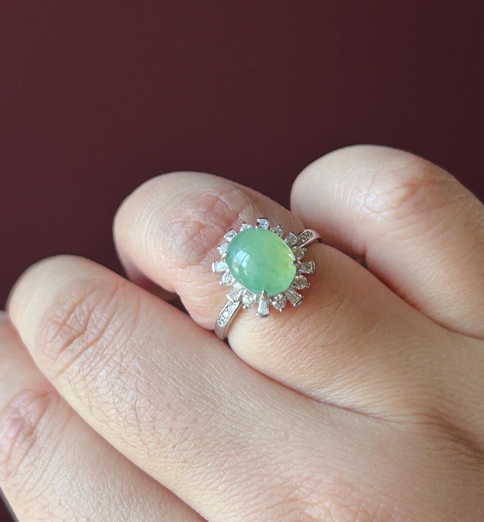 Certified Natural Jadeite Oval Cabochon Ring Burmese Type A fine glutinous Sweet Apple Green Jade | Sterling Silver| Adjustable Size