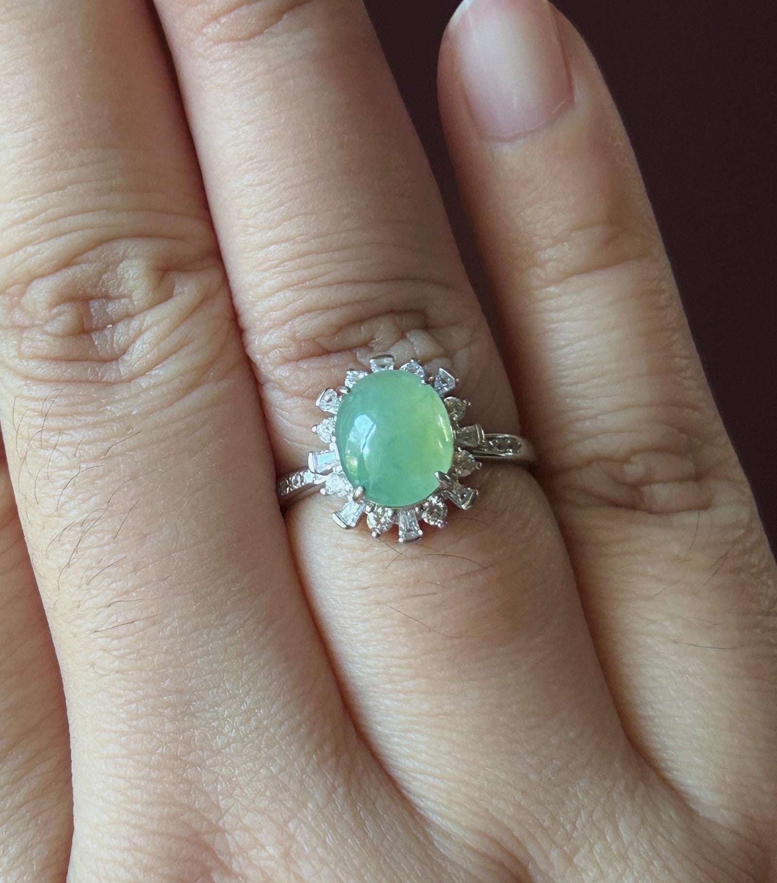 Certified Natural Jadeite Oval Cabochon Ring Burmese Type A fine glutinous Sweet Apple Green Jade | Sterling Silver| Adjustable Size
