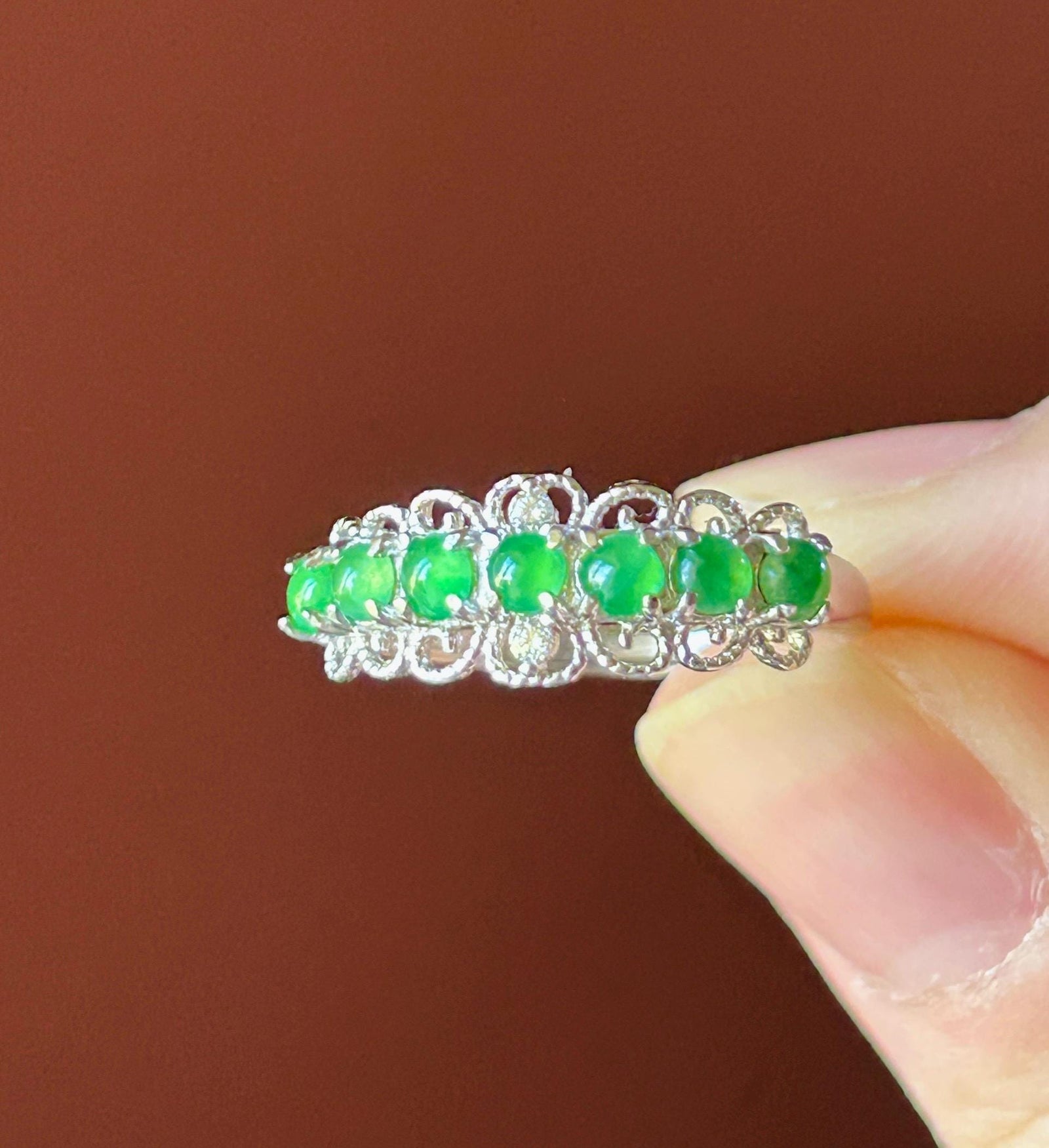 Certified Natural Jadeite Multi Cabochon Band Ring Burmese Type A Highly Translucent Icy Vivid Apple Green Jade Sterling Silver Adjustable