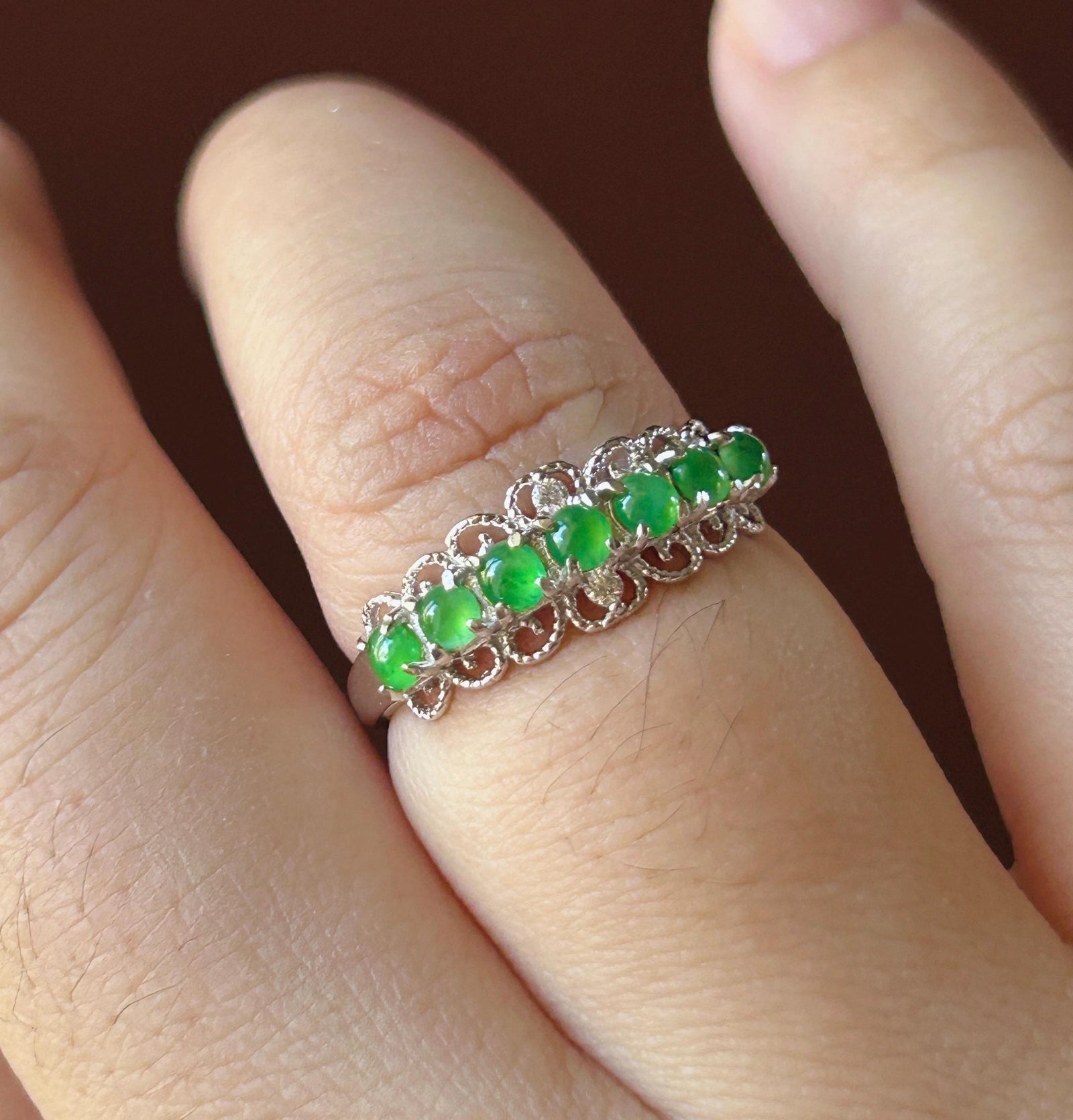 Certified Natural Jadeite Multi Cabochon Band Ring Burmese Type A Highly Translucent Icy Vivid Apple Green Jade Sterling Silver Adjustable