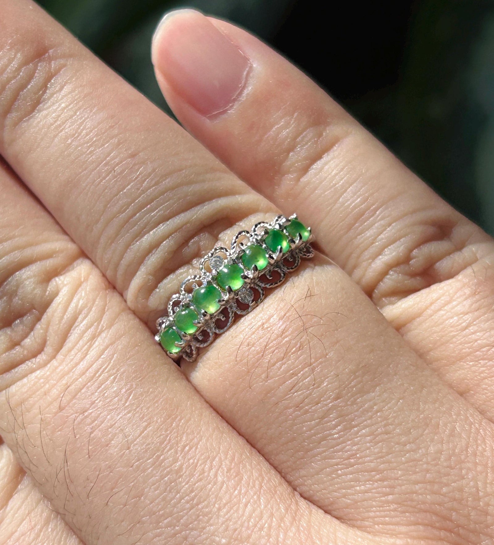 Certified Natural Jadeite Multi Cabochon Band Ring Burmese Type A Highly Translucent Icy Vivid Apple Green Jade Sterling Silver Adjustable