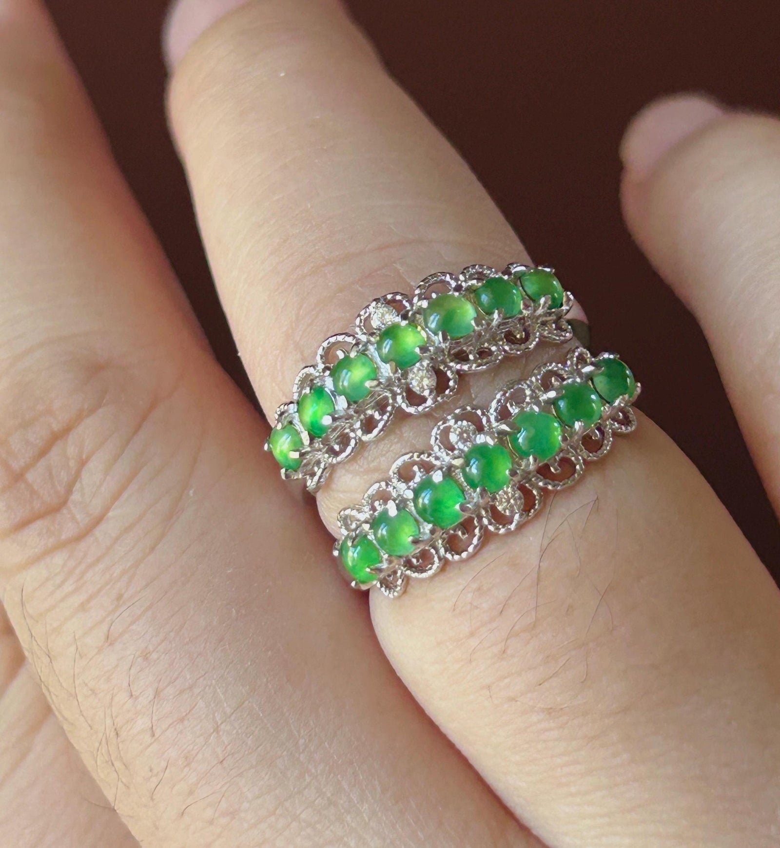 Certified Natural Jadeite Multi Cabochon Band Ring Burmese Type A Highly Translucent Icy Vivid Apple Green Jade Sterling Silver Adjustable