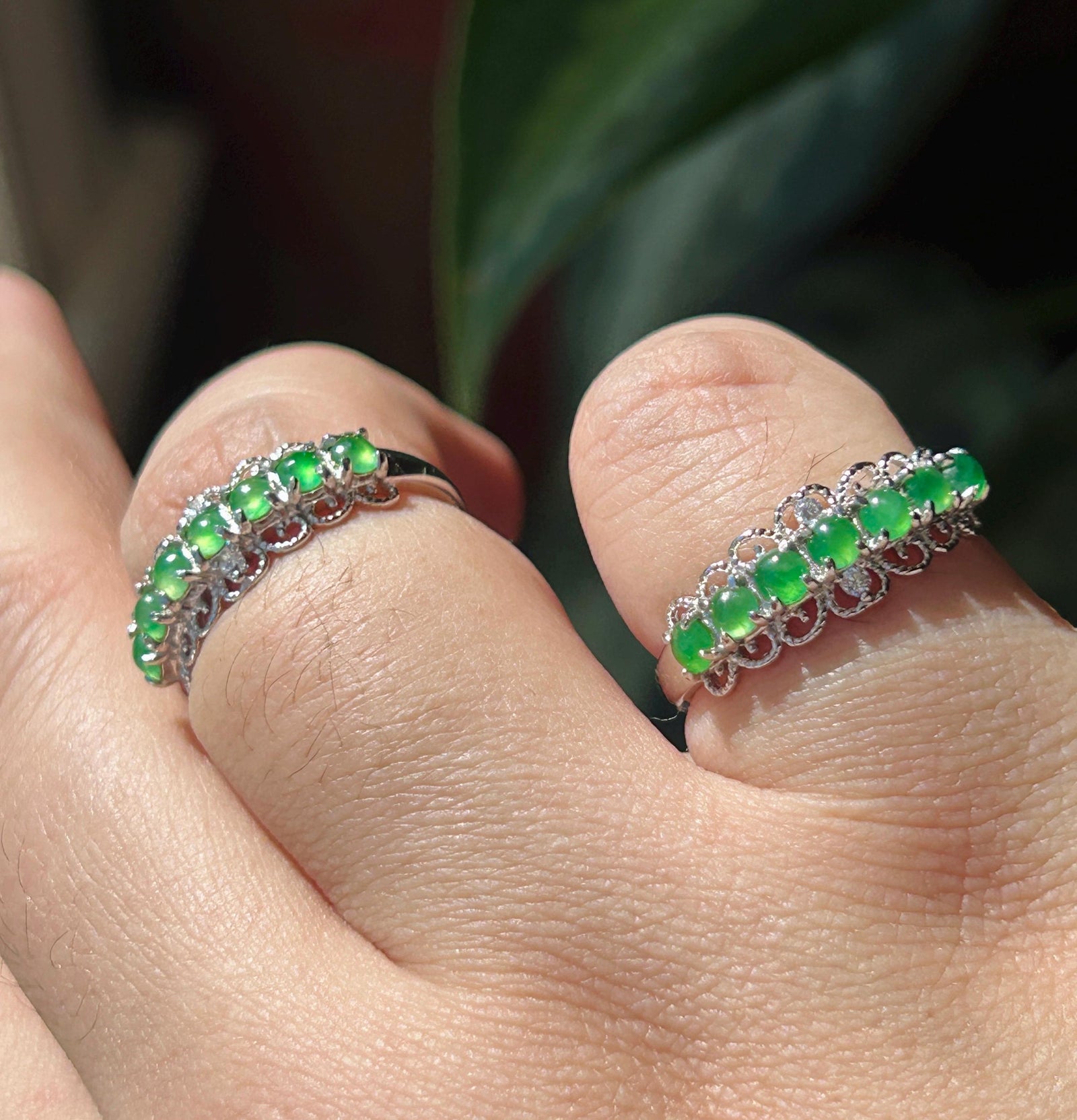 Certified Natural Jadeite Multi Cabochon Band Ring Burmese Type A Highly Translucent Icy Vivid Apple Green Jade Sterling Silver Adjustable