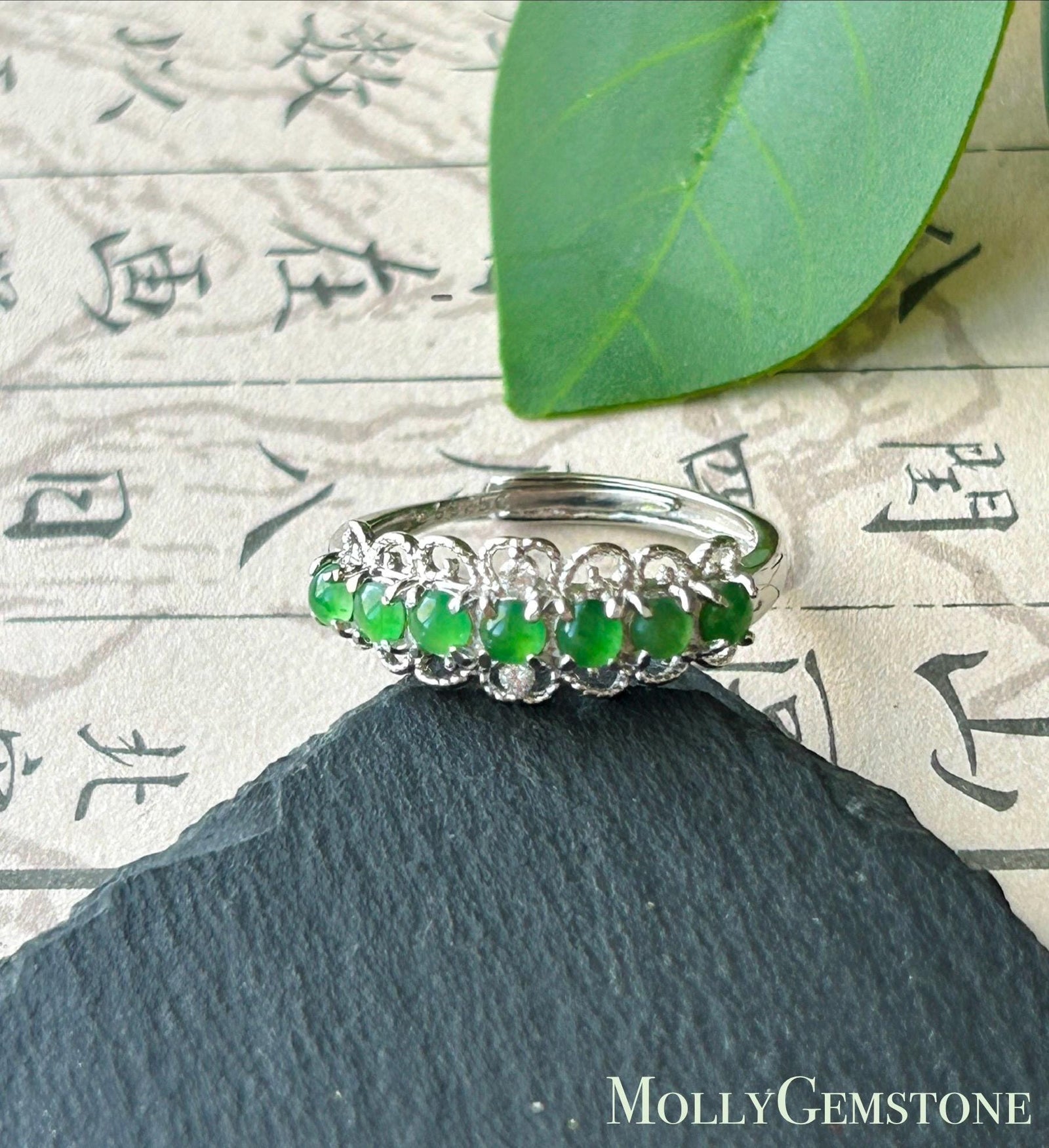 Certified Natural Jadeite Multi Cabochon Band Ring Burmese Type A Highly Translucent Icy Vivid Apple Green Jade Sterling Silver Adjustable