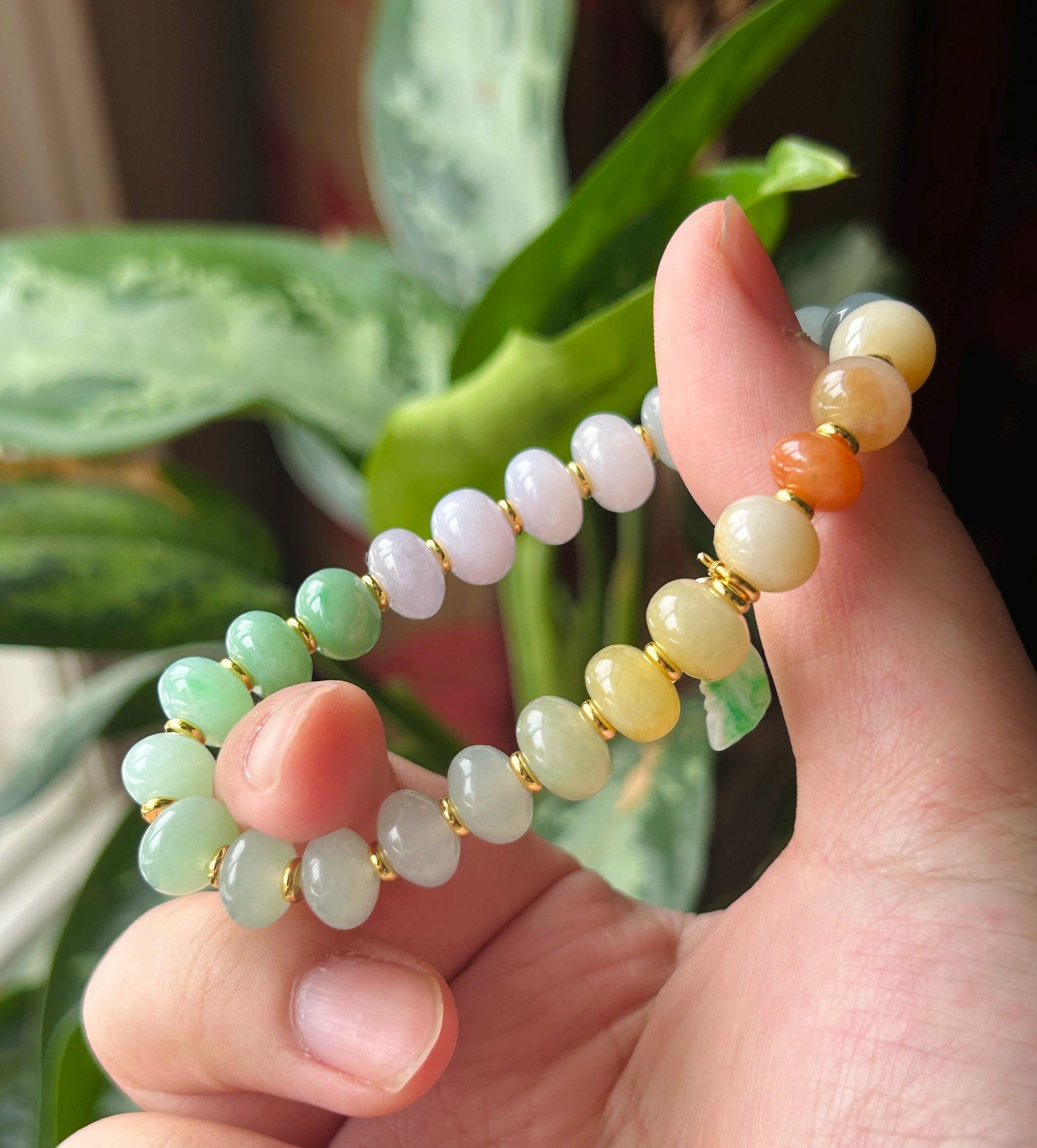 Natural Jadeite Beaded Gradient Bracelet – Burmese Type A Highly Translucent Icy Vibrant Rainbow Multicolor Jade, 9+mm
