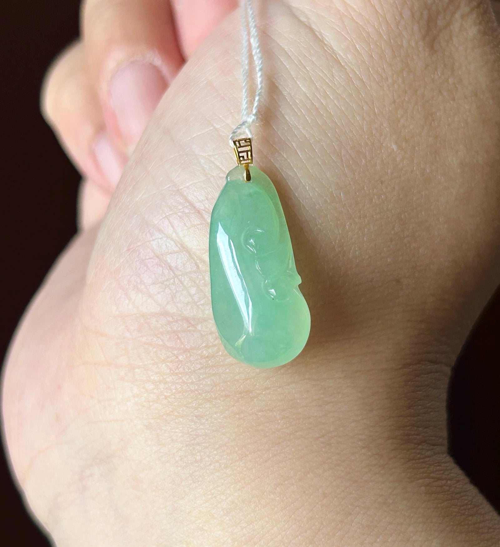 Certified Natural Jadeite RuYi Pendant Minimalist Jewelry Burmese Type A Highly Translucent Icy Sweet Apple Green Jade, 18k Gold Bail