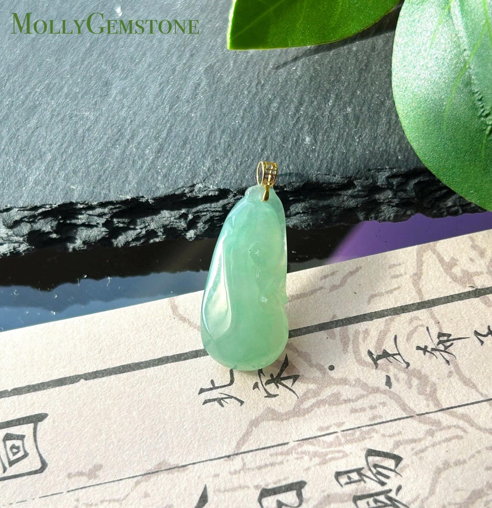 Certified Natural Jadeite RuYi Pendant Minimalist Jewelry Burmese Type A Highly Translucent Icy Sweet Apple Green Jade, 18k Gold Bail