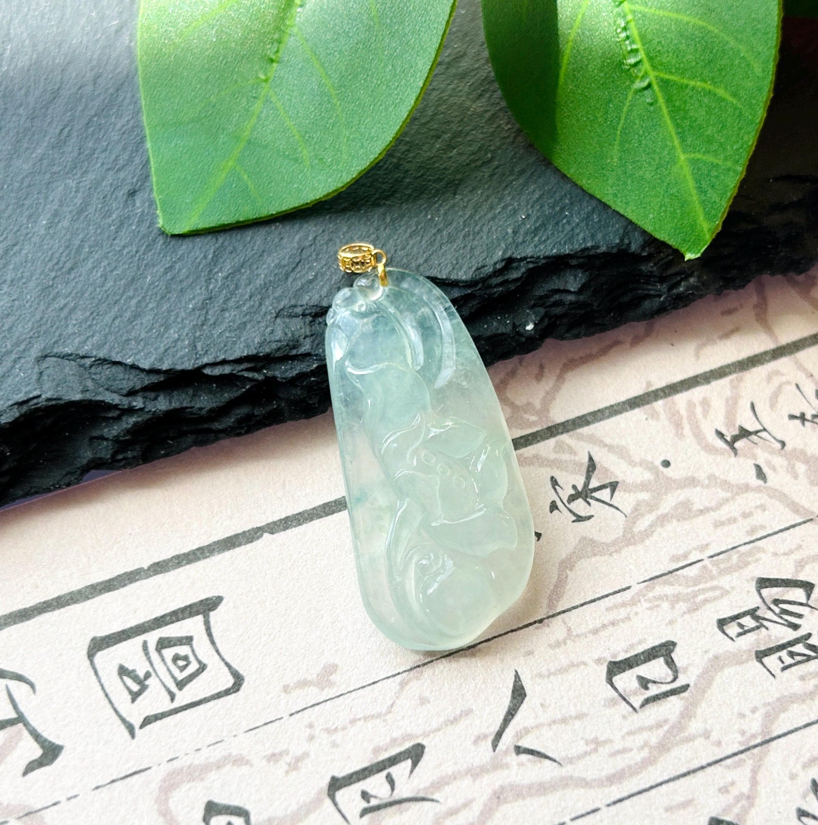 Certified Natural Jadeite Lotus Pendant Minimalist Jewelry Burmese Type A Highly Translucent Icy Light Green Jade, 18k Gold Bail
