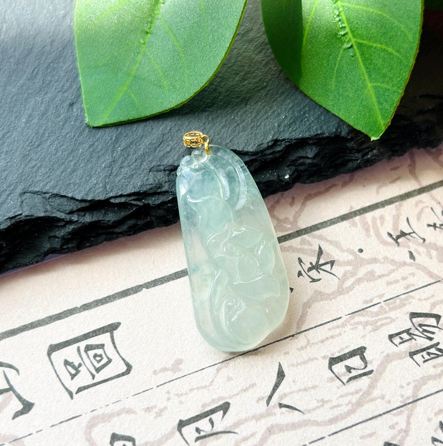 Certified Natural Jadeite Lotus Pendant Minimalist Jewelry Burmese Type A Highly Translucent Icy Light Green Jade, 18k Gold Bail