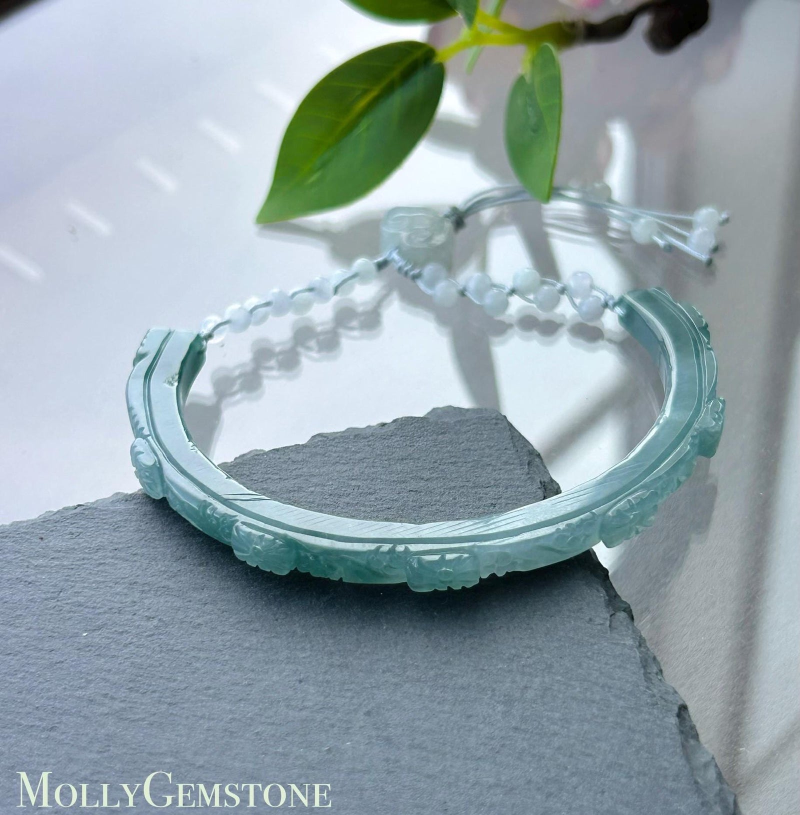 Natural Jadeite Half Bangle Bracelet, Type A Icy Blue Green Jade, Handmade Adjustable Rope Jewelry, Jade Flowers