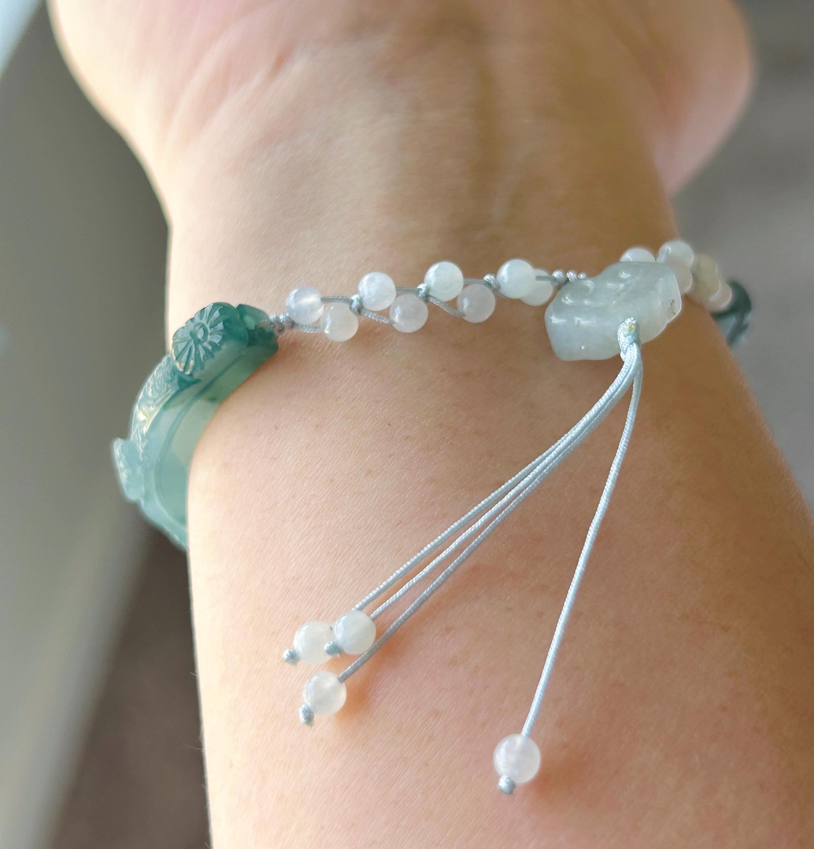 Natural Jadeite Half Bangle Bracelet, Type A Icy Blue Green Jade, Handmade Adjustable Rope Jewelry, Jade Flowers
