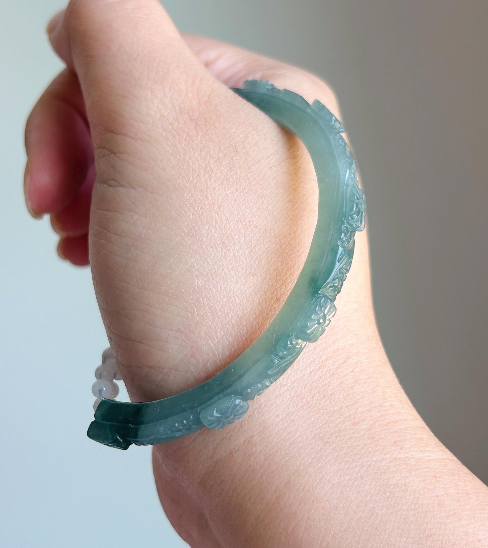Natural Jadeite Half Bangle Bracelet, Type A Icy Blue Green Jade, Handmade Adjustable Rope Jewelry, Jade Flowers