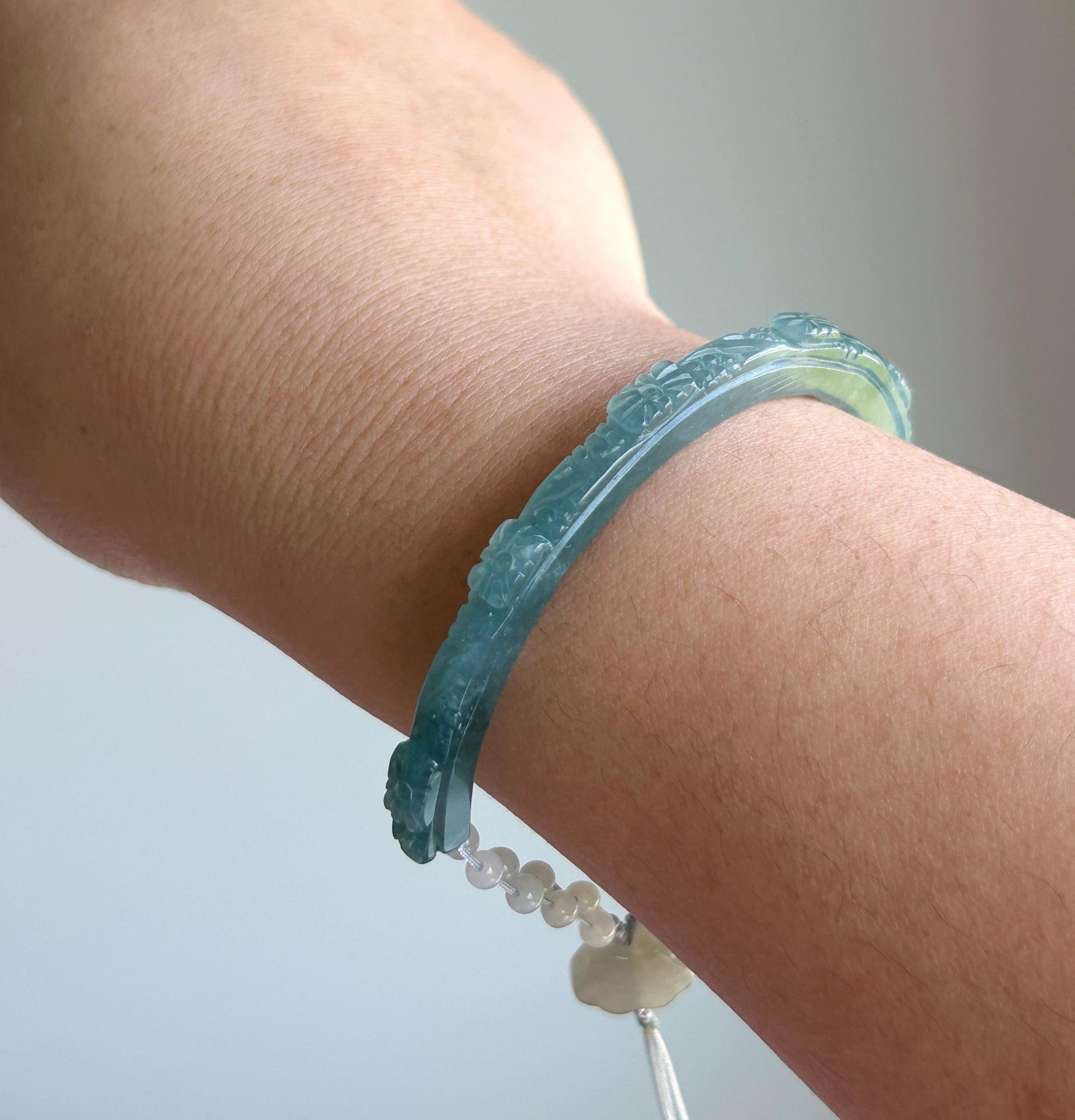 Natural Jadeite Half Bangle Bracelet, Type A Icy Blue Green Jade, Handmade Adjustable Rope Jewelry, Jade Flowers