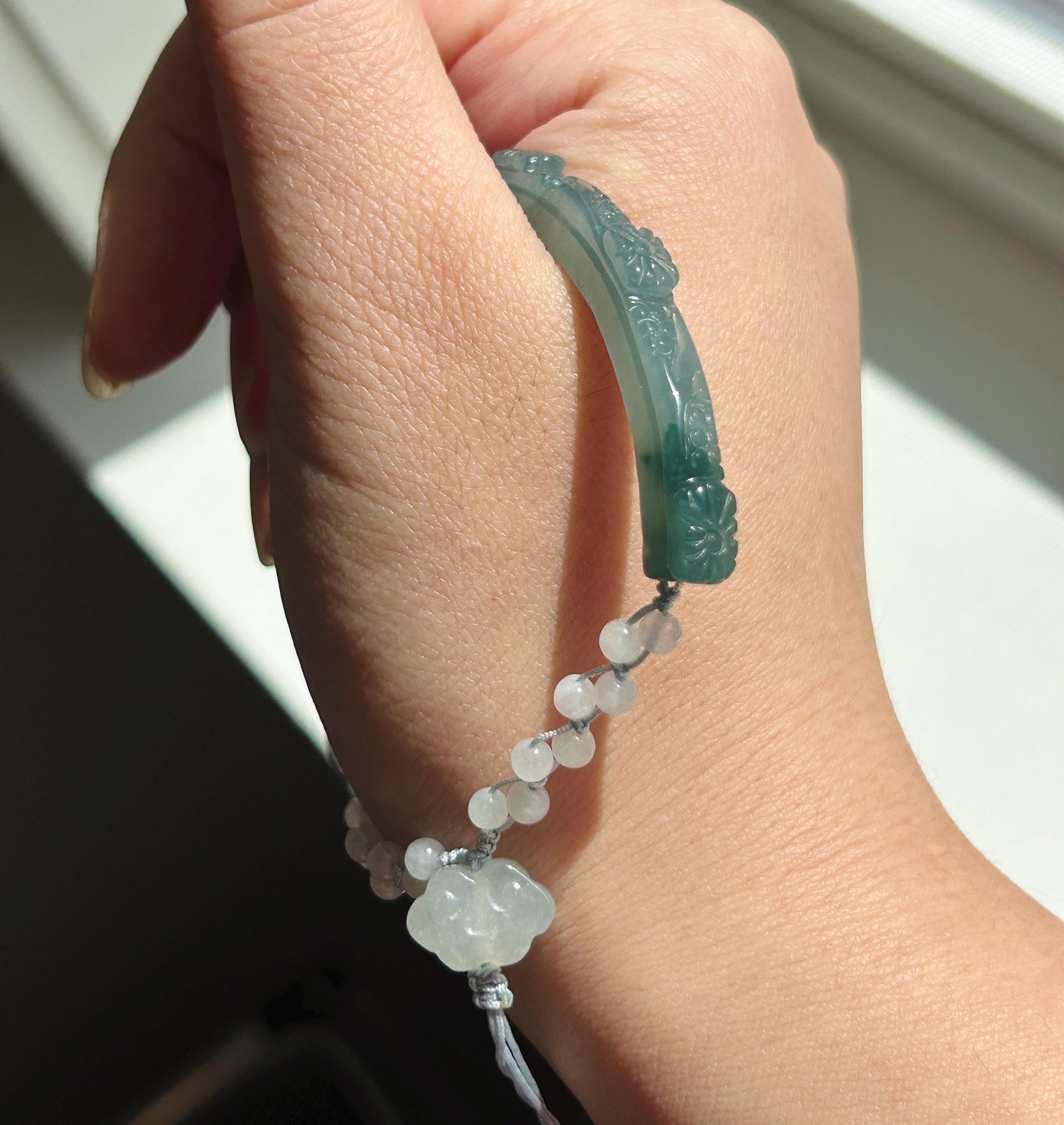 Natural Jadeite Half Bangle Bracelet, Type A Icy Blue Green Jade, Handmade Adjustable Rope Jewelry, Jade Flowers