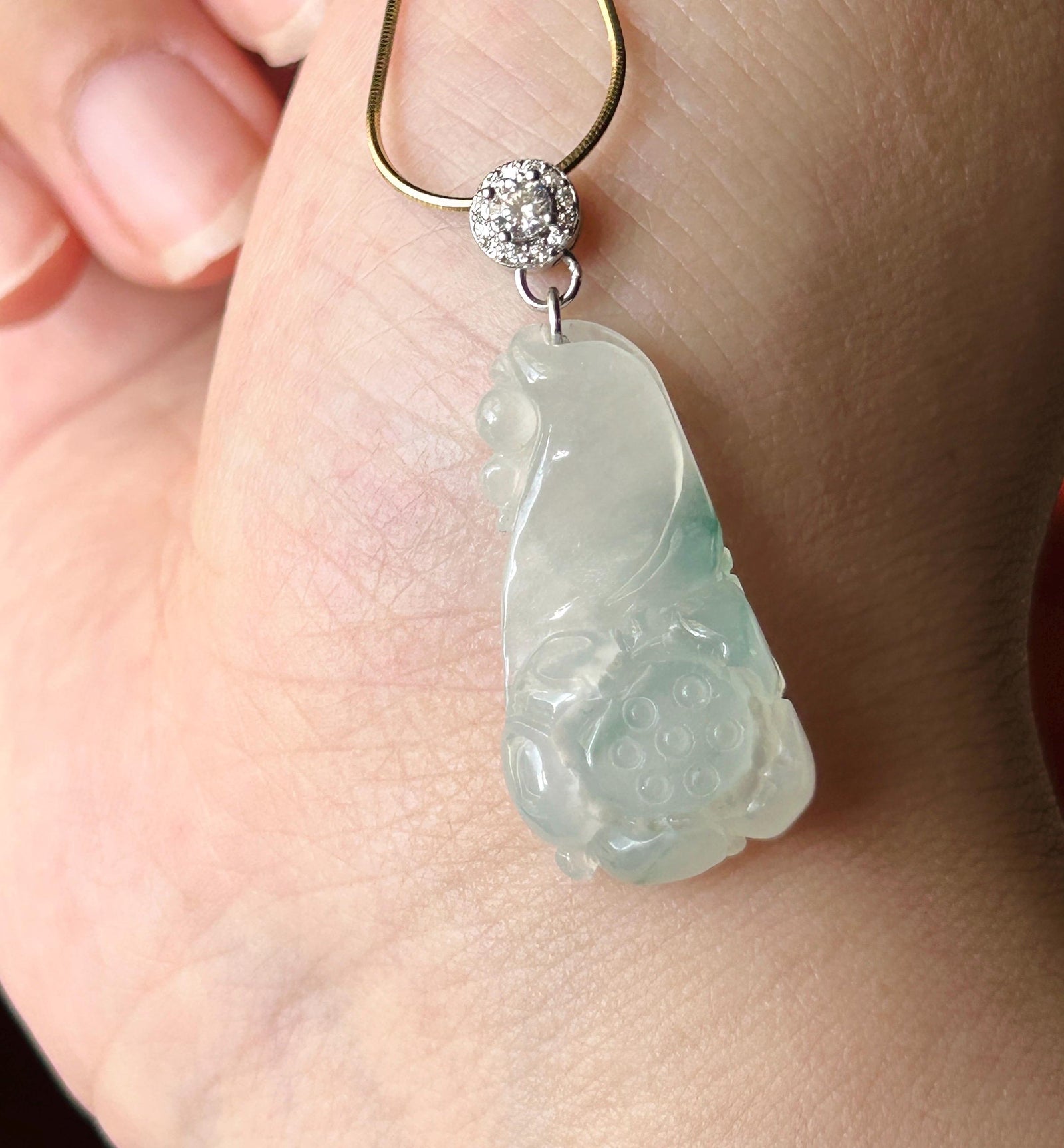 Certified Natural Jadeite Lotus Pendant Minimalist Jewelry Burmese Type A Highly Translucent Icy White & Blue Floral Jade, Sterling Silver