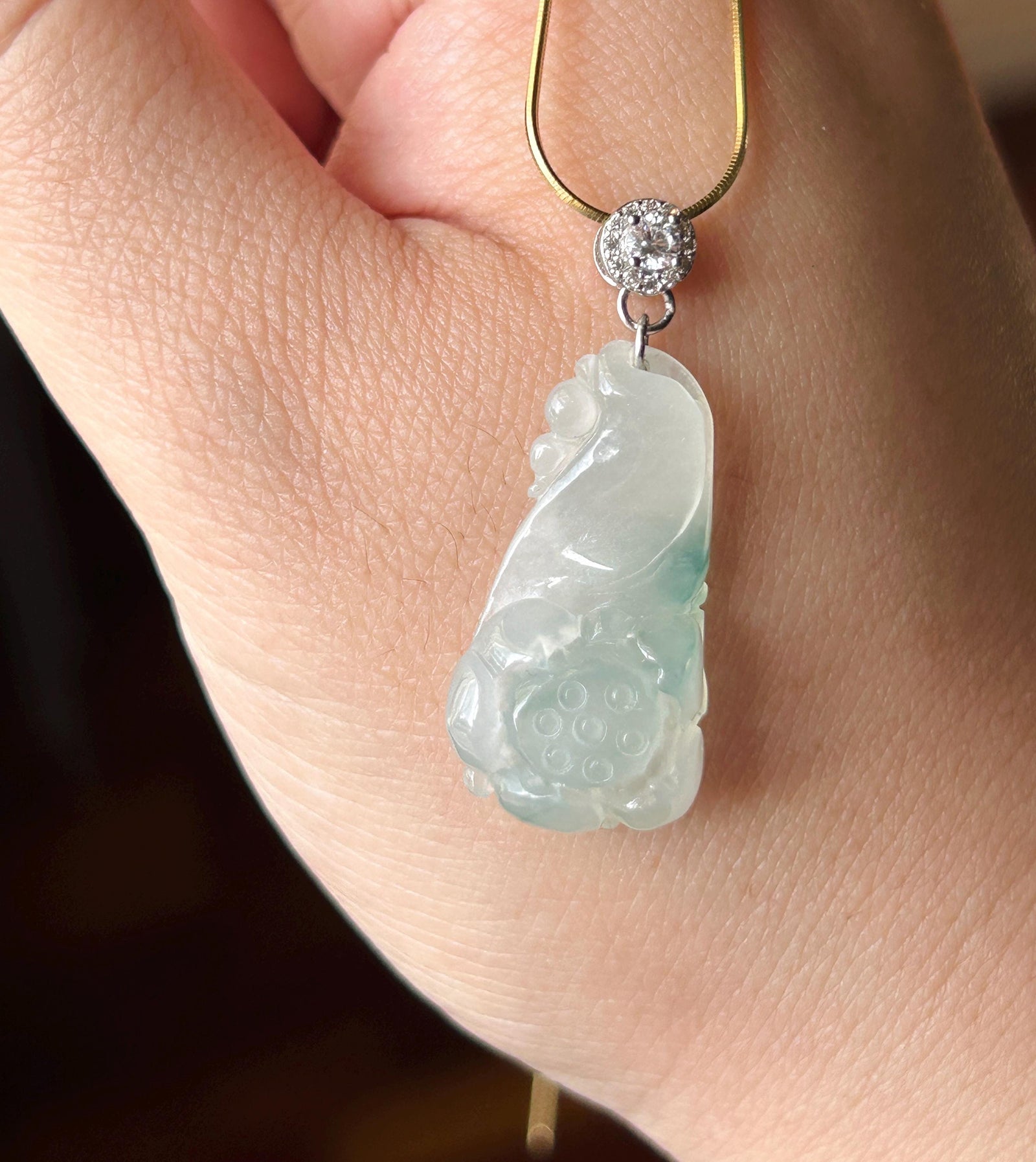 Certified Natural Jadeite Lotus Pendant Minimalist Jewelry Burmese Type A Highly Translucent Icy White & Blue Floral Jade, Sterling Silver