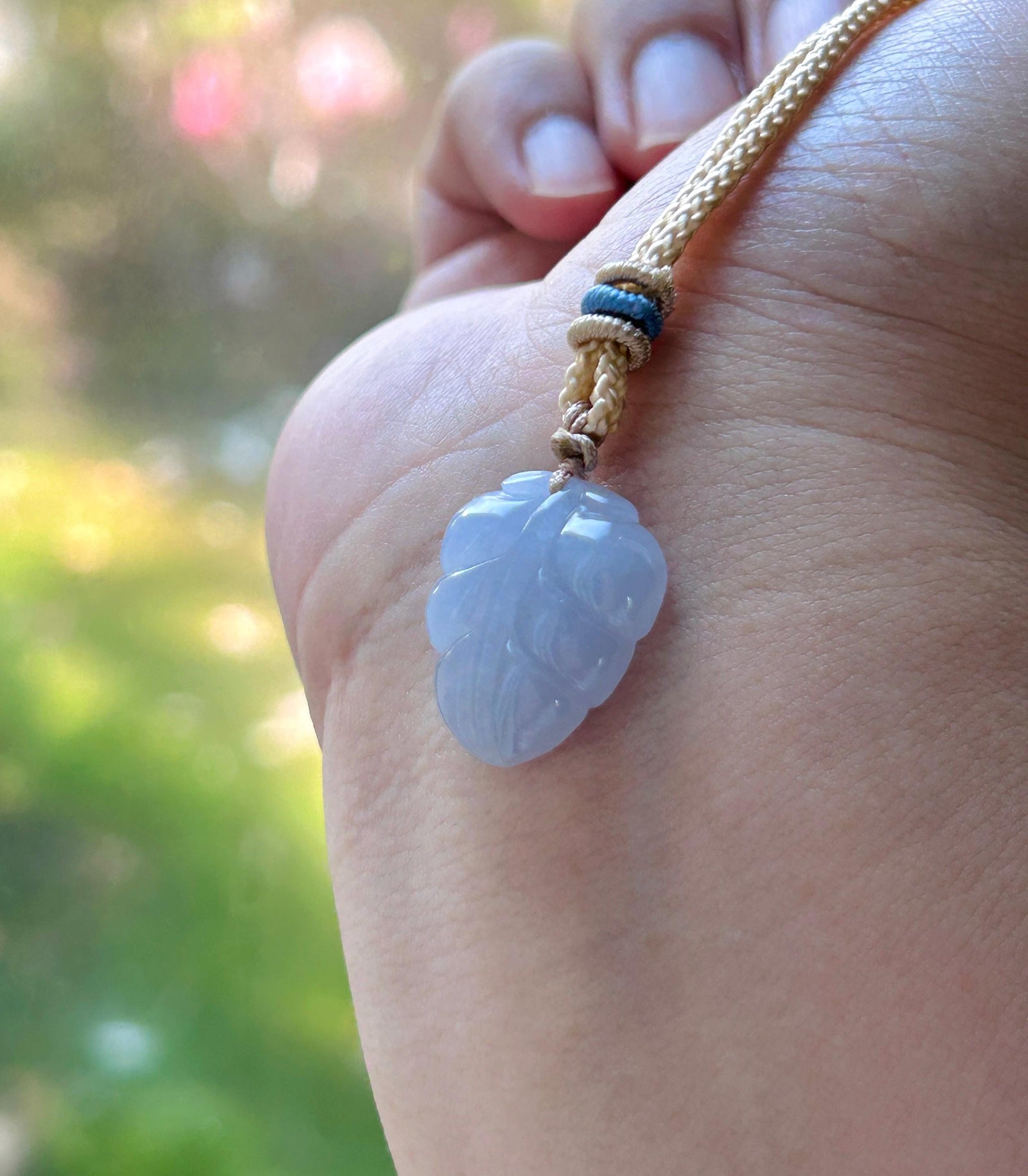 Certified Natural Jadeite Leaf Pendant Minimalist Jewelry Burmese Type A Highly Translucent Icy Lavender Purple Jade, Handwoven Cord