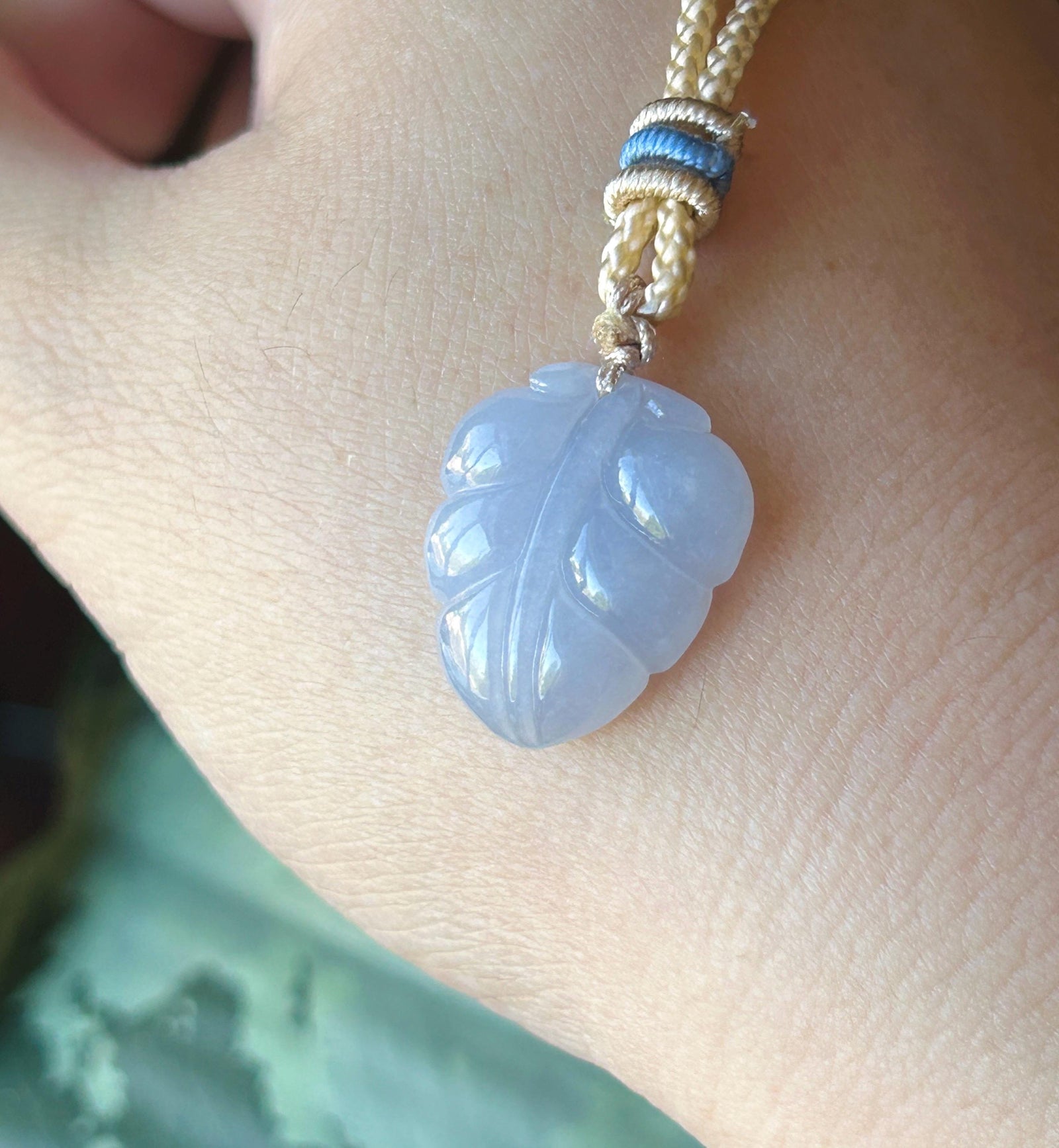 Certified Natural Jadeite Leaf Pendant Minimalist Jewelry Burmese Type A Highly Translucent Icy Lavender Purple Jade, Handwoven Cord
