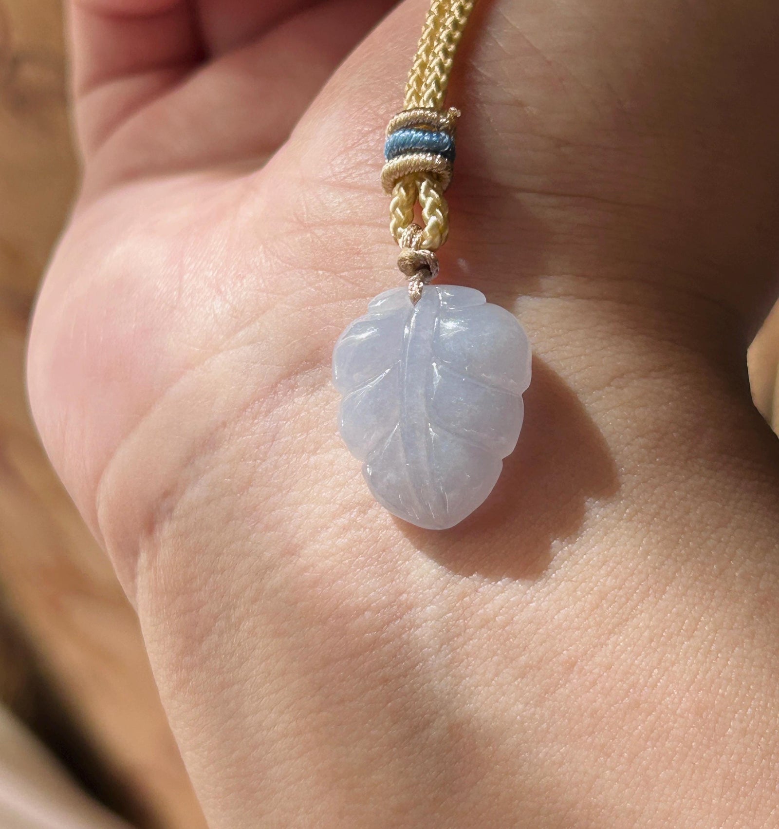 Certified Natural Jadeite Leaf Pendant Minimalist Jewelry Burmese Type A Highly Translucent Icy Lavender Purple Jade, Handwoven Cord