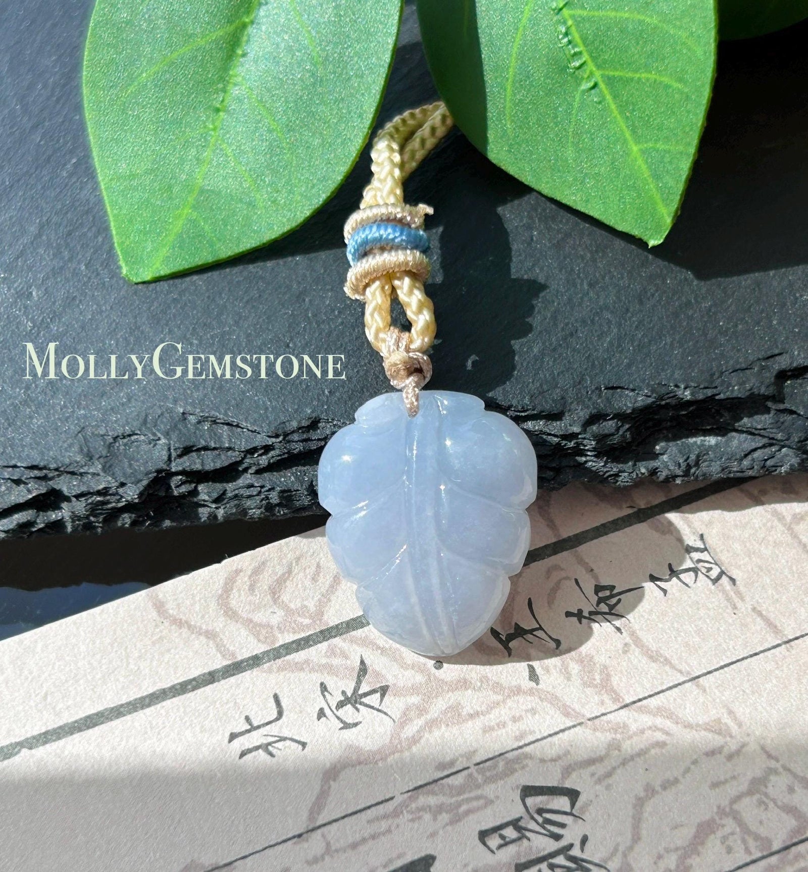 Certified Natural Jadeite Leaf Pendant Minimalist Jewelry Burmese Type A Highly Translucent Icy Lavender Purple Jade, Handwoven Cord