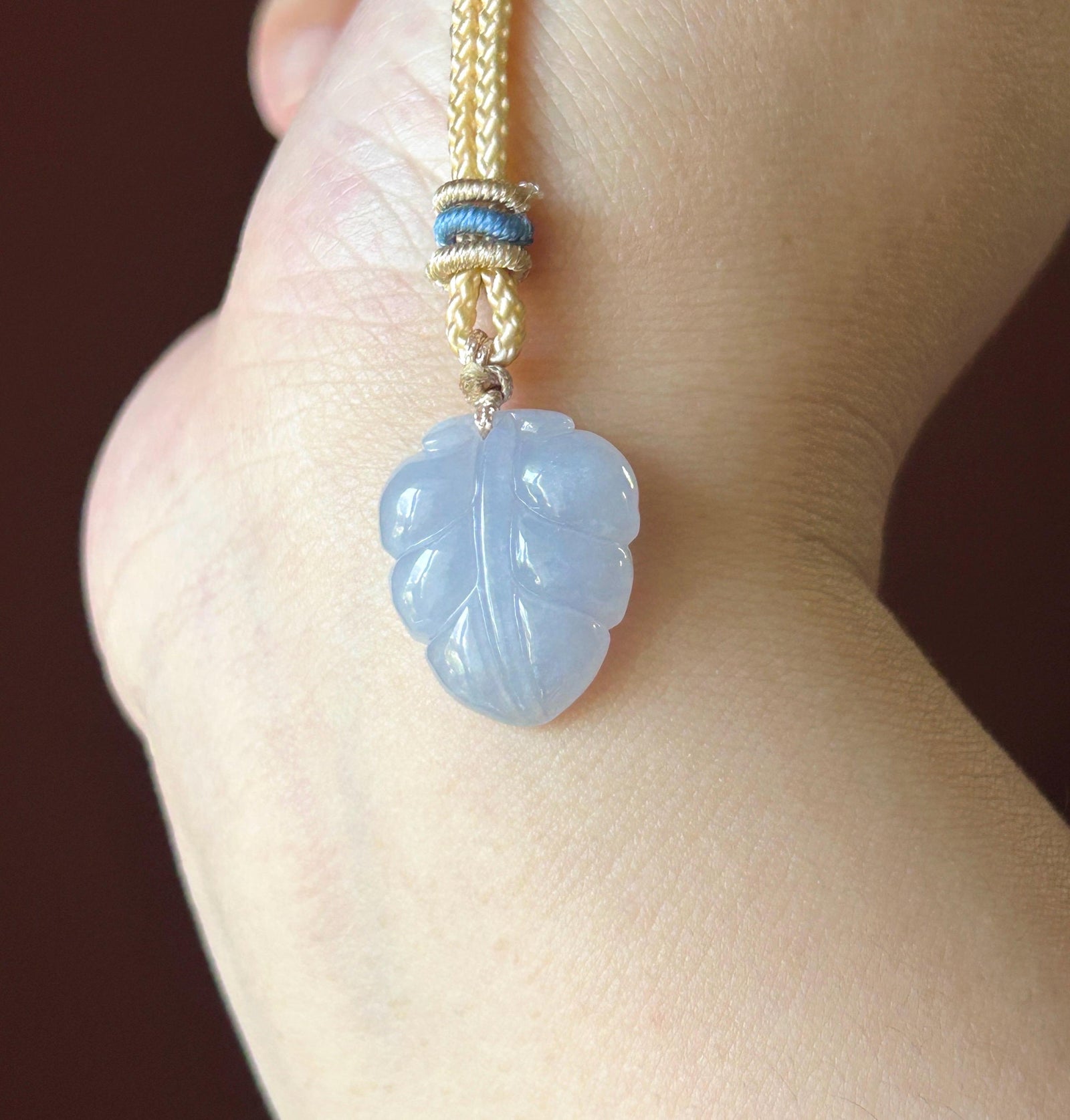 Certified Natural Jadeite Leaf Pendant Minimalist Jewelry Burmese Type A Highly Translucent Icy Lavender Purple Jade, Handwoven Cord