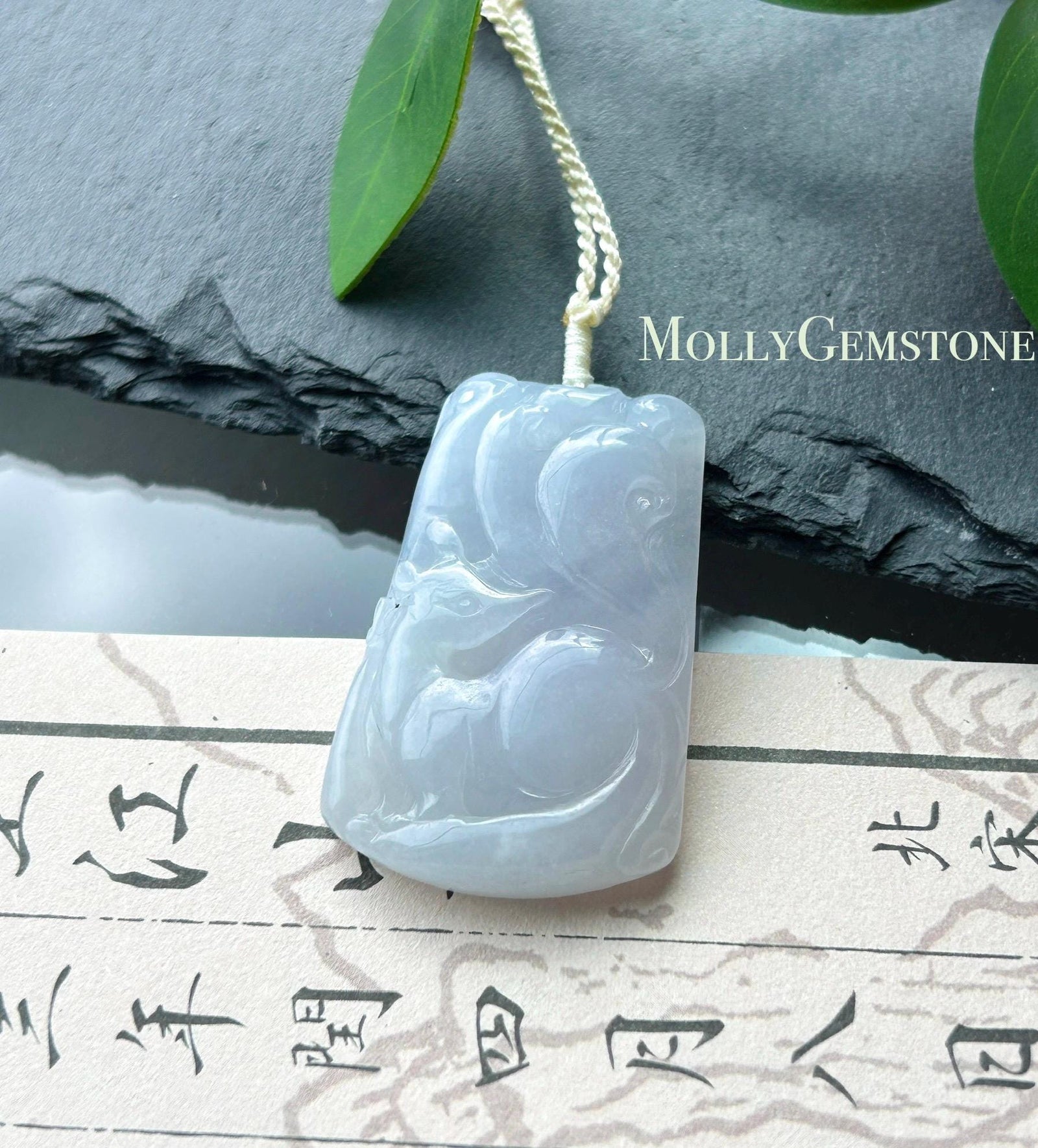 Certified Natural Jadeite Nine-Tail-Fox Pendant Handwoven Necklace Burmese Type A Icy Translucent Lavender Jade 38 x 23.6 x 6mm