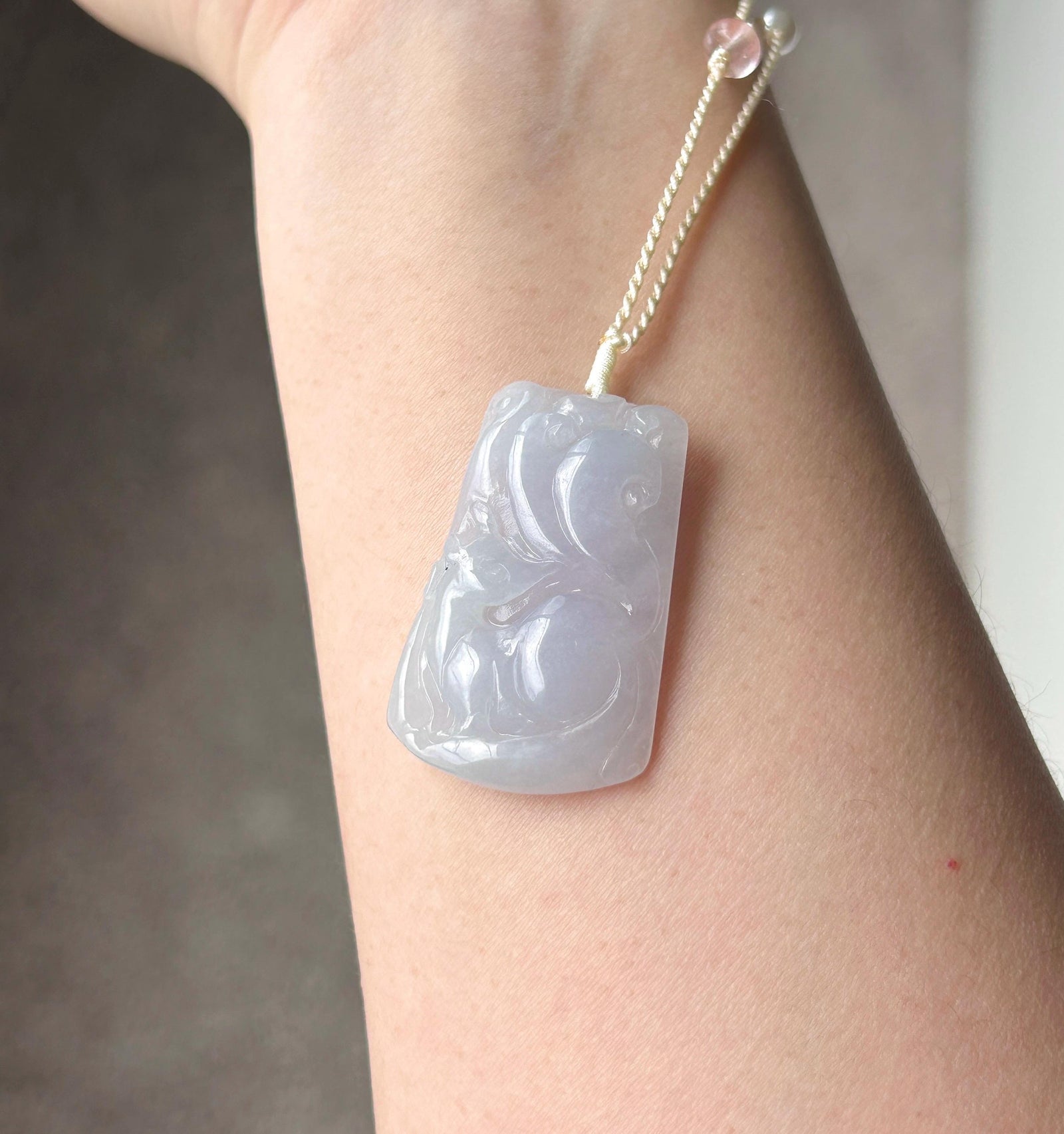 Certified Natural Jadeite Nine-Tail-Fox Pendant Handwoven Necklace Burmese Type A Icy Translucent Lavender Jade 38 x 23.6 x 6mm