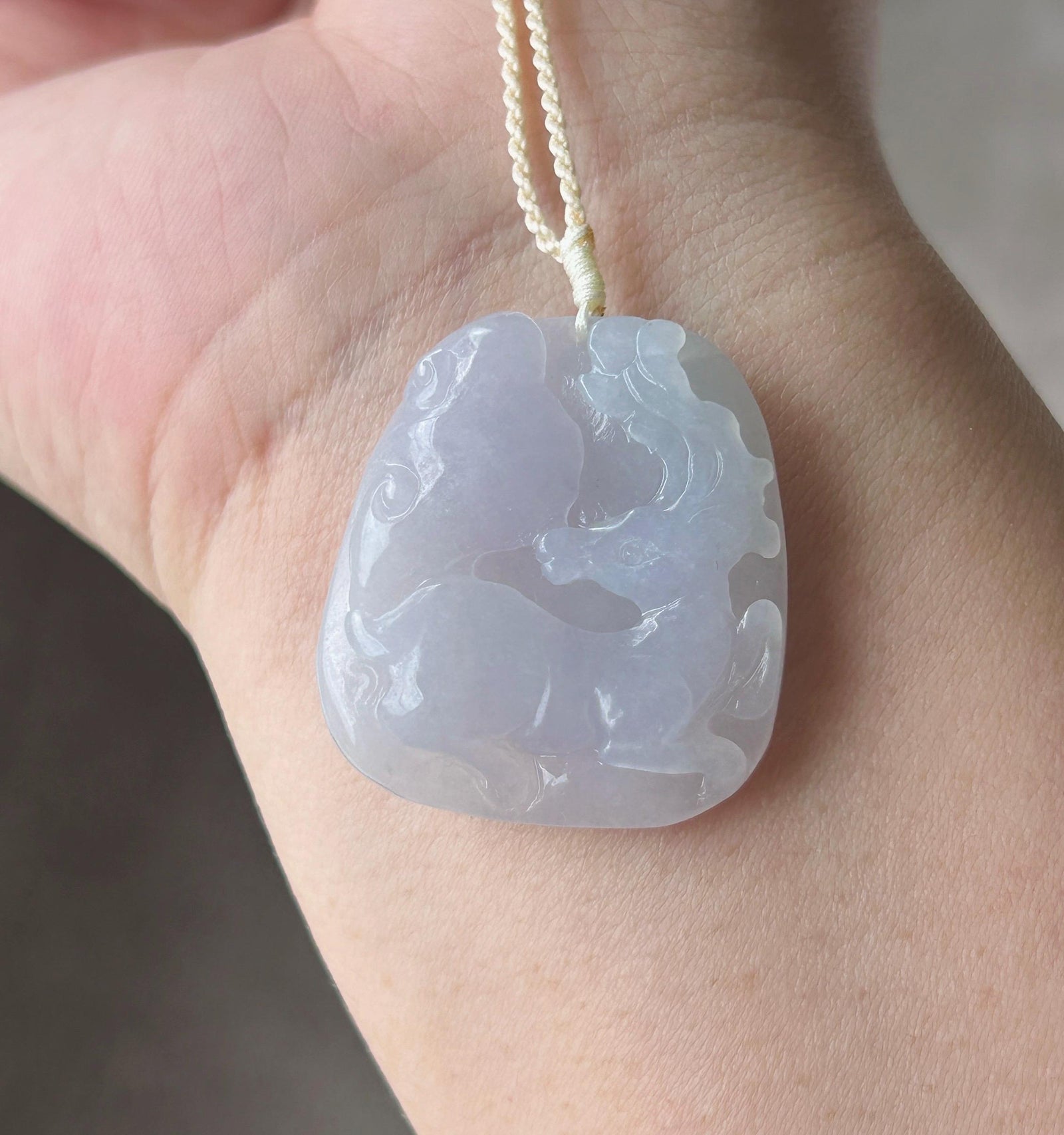 Certified Natural Jadeite Deer & RuYi Pendant Handwoven Necklace Burmese Type A Icy Translucent Lavender Jade 31 x 28 x 6mm