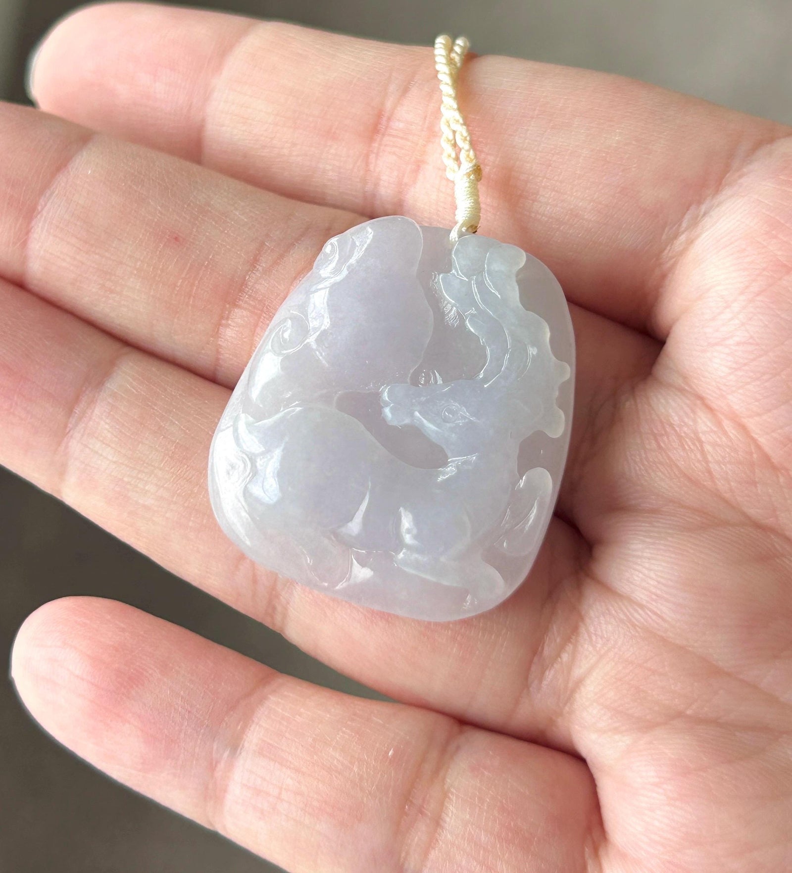Certified Natural Jadeite Deer & RuYi Pendant Handwoven Necklace Burmese Type A Icy Translucent Lavender Jade 31 x 28 x 6mm